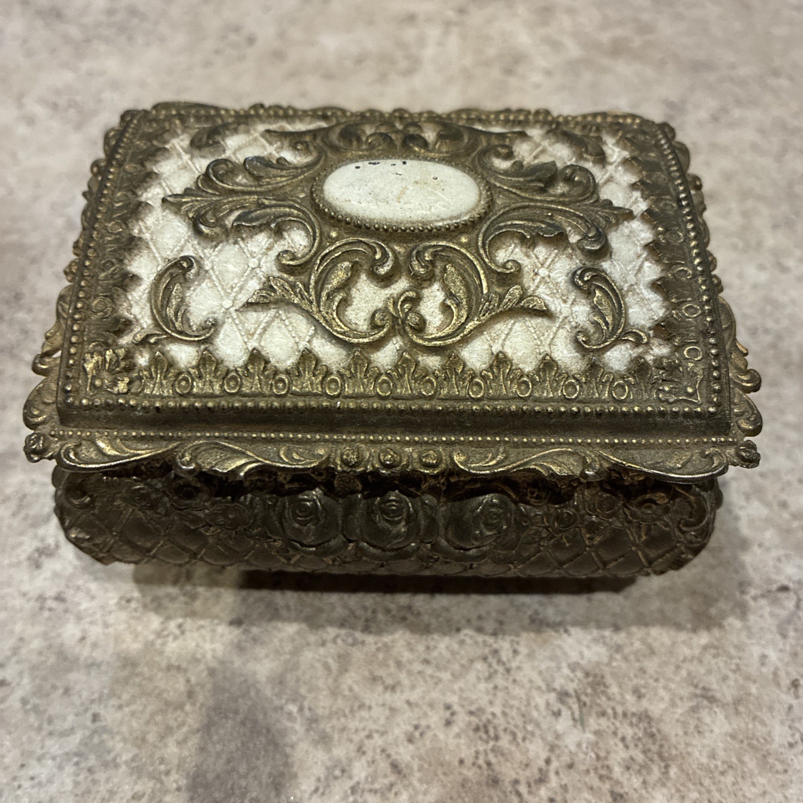 Small Vintage Ornate Jewelry Box Casket with Red Velvet Lining
