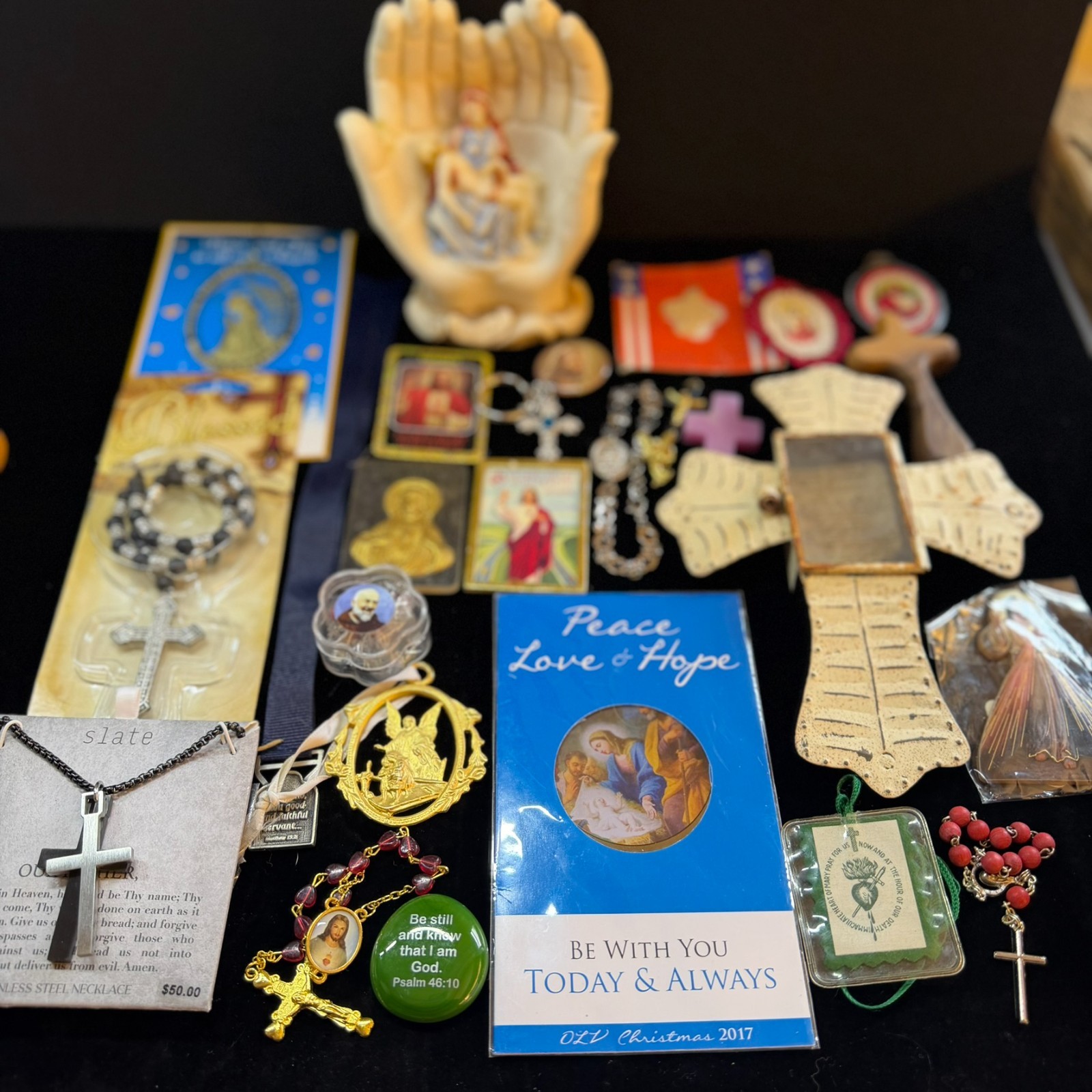 Vintage Catholic Religious What Nots Rosaries, Pins, Devotional Lot 1.9 Pounds