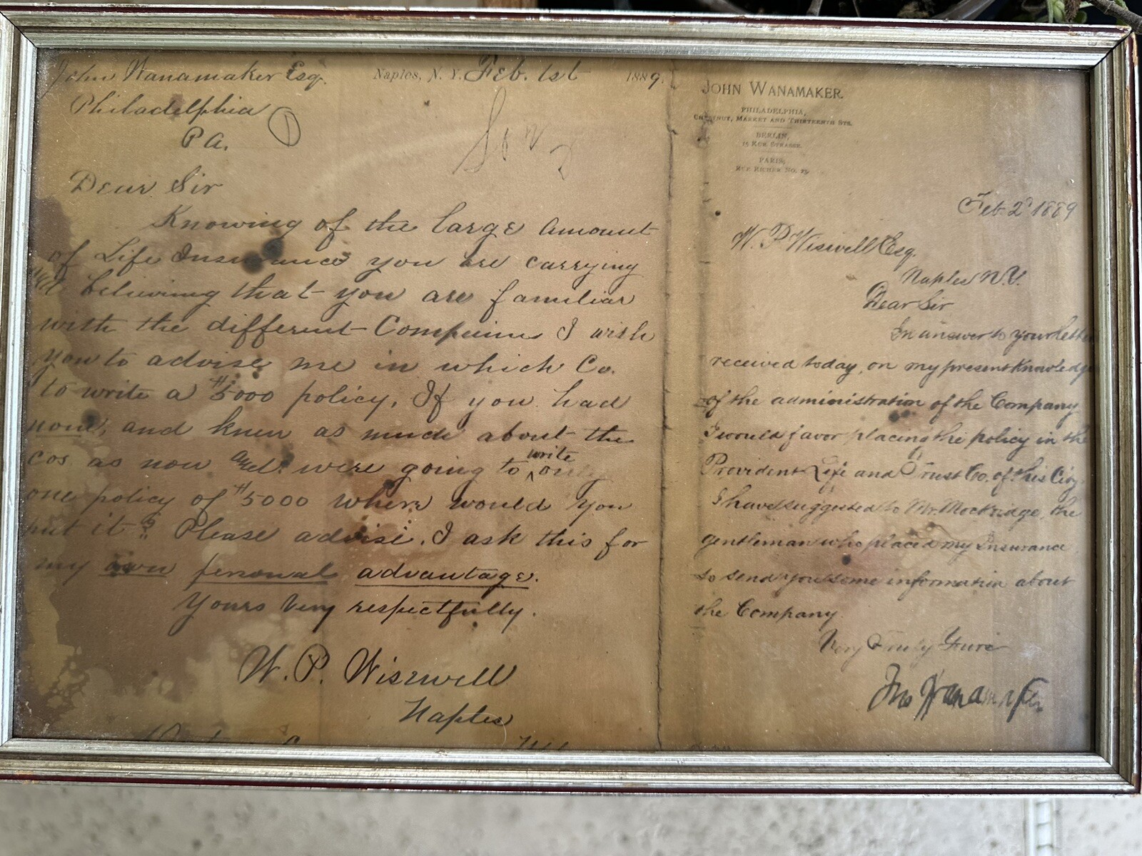 ANTIQUE FEB. 2nd 1889 JOHN WANAMAKER LETTER-LIFE INSURANCE- LETTERHEAD SIGNED