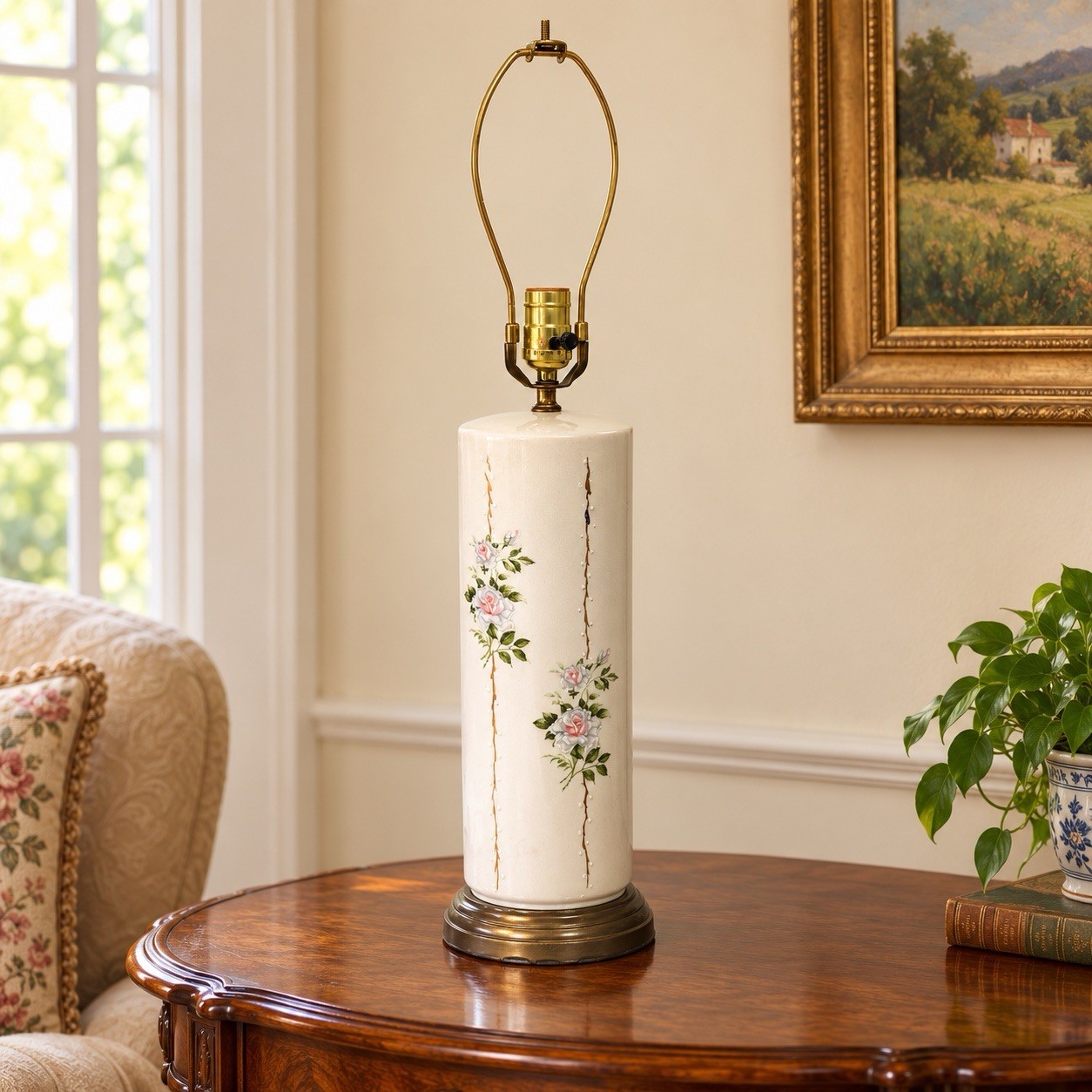 Vintage Ceramic Rose Table Lamp Ivory Pink Floral Gold Accents No Shade
