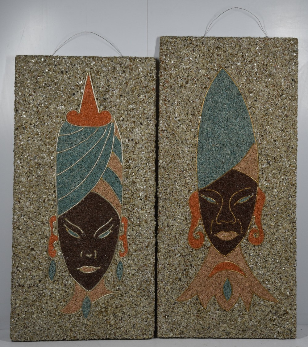 2 Vintage MCM Tribal Head Gravel Art Figures HTF Collectible Pair Tiki Safari