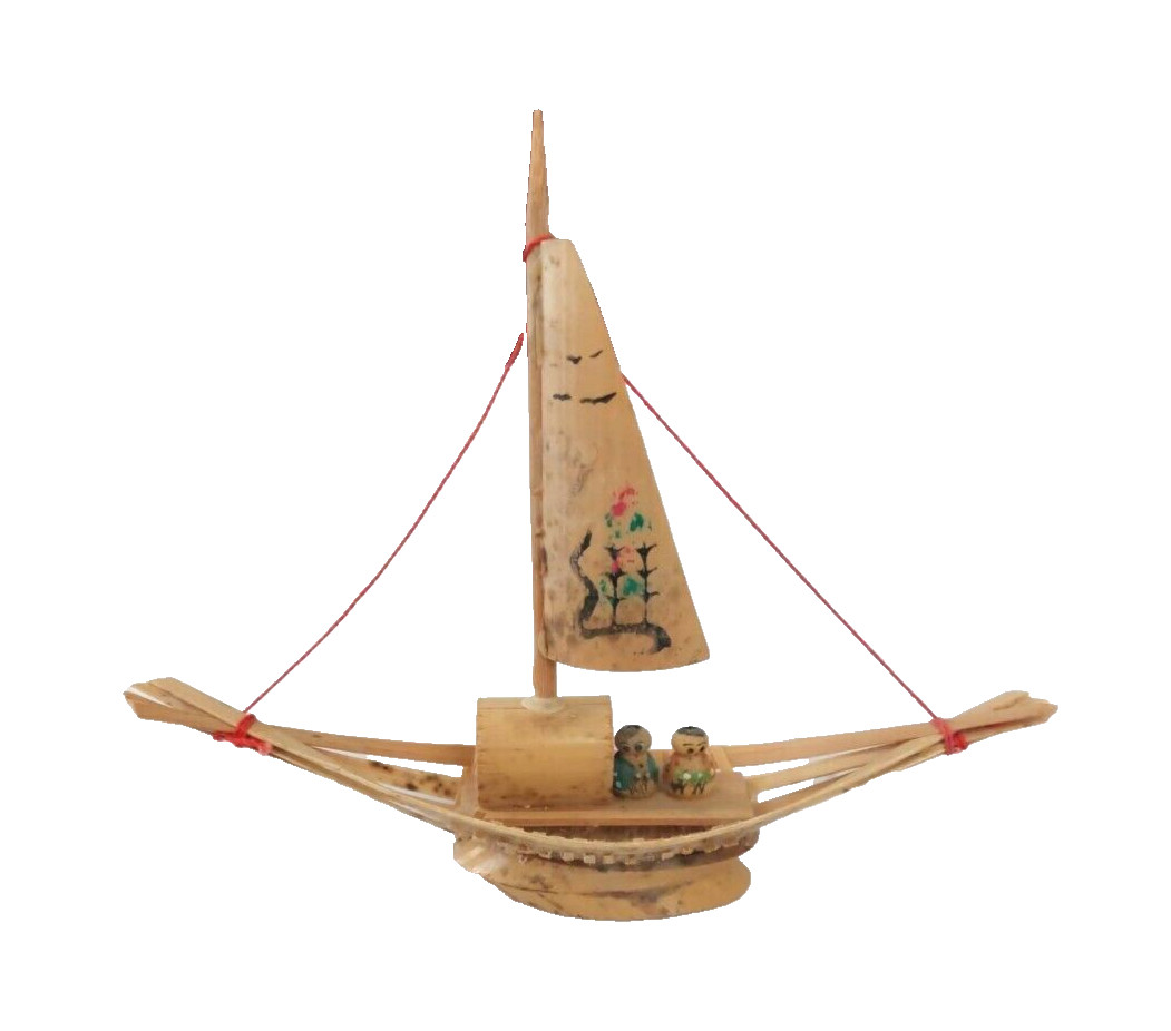 Handmade Vintage Japanese Bamboo Miniature Boat Ship Junk Sail Boat 7.5\