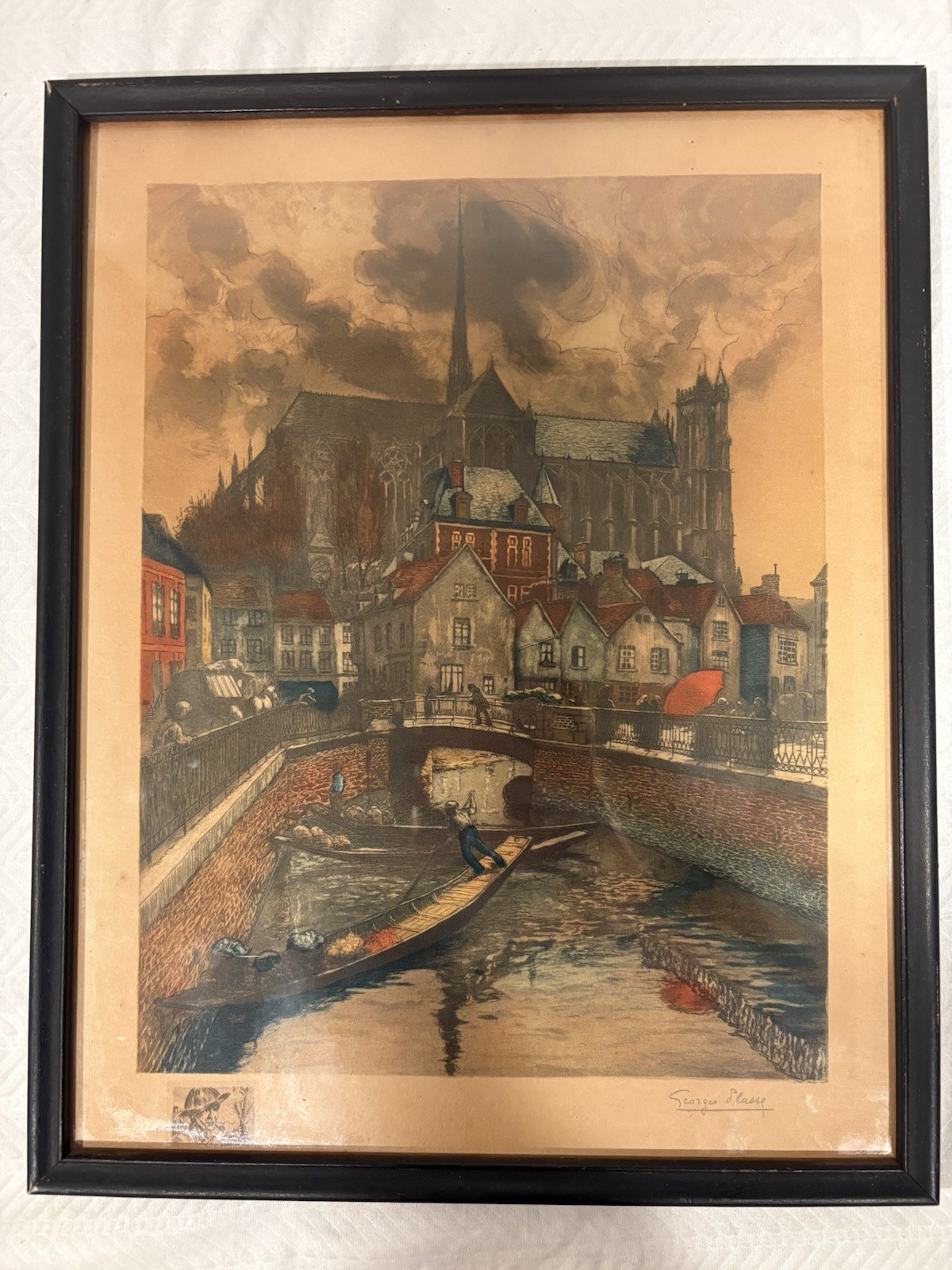 Signed G Plasse Print Amiens Cathedral French Water Market Framed Vintage