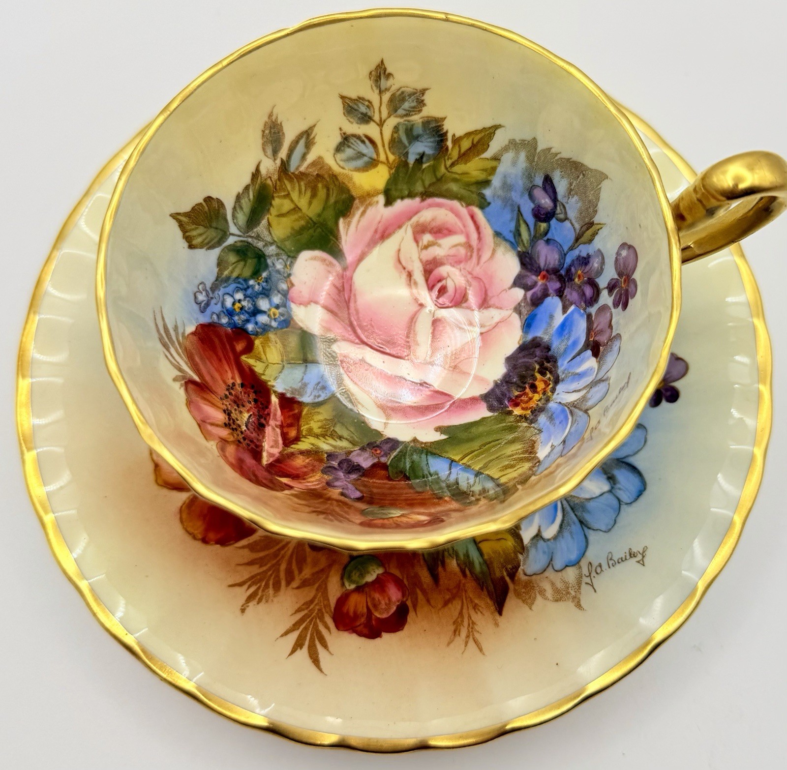 Vintage Aynsley England Bailey Cabbage Rose Signed Cup & Saucer; Teacup