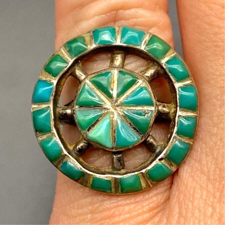 Vintage Zuni Native Turquoise Inlay Silver Ring Size 4.75