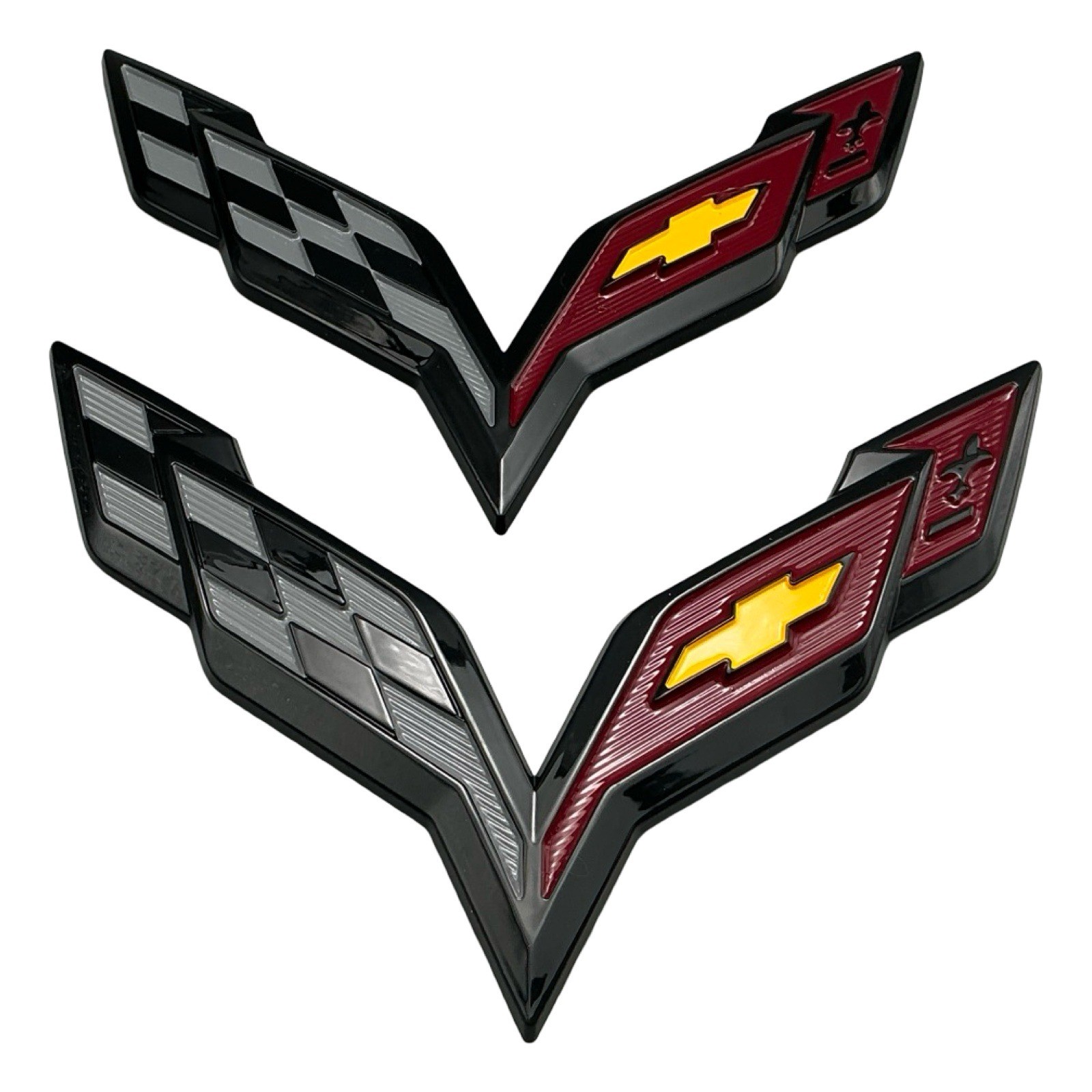 2x For Corvette C8 Style Crossed Flags Emblems Black Red Glossy Adhesive Badges