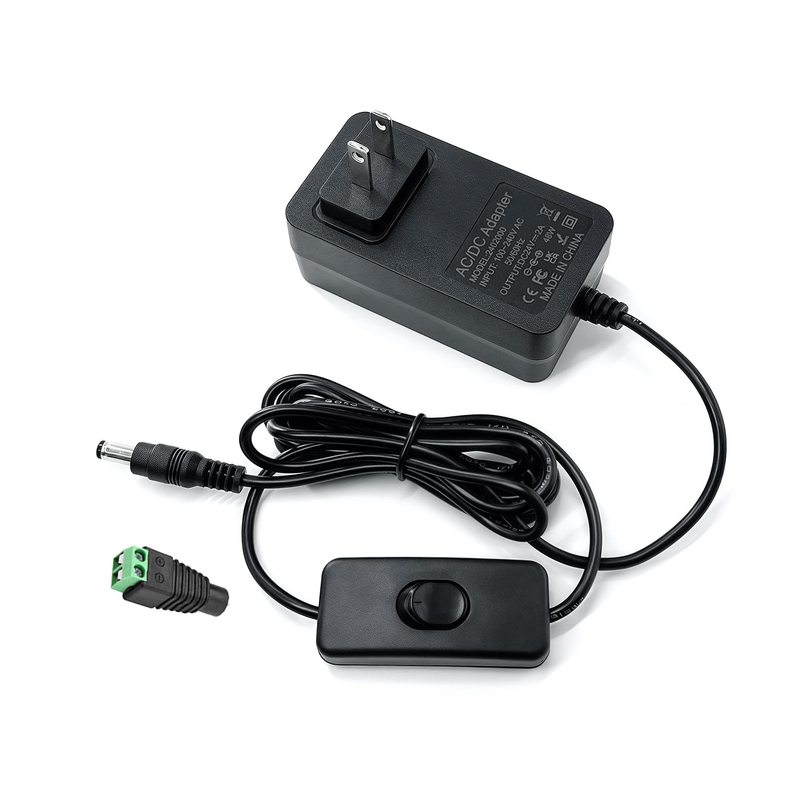 24V DC Power Supply 2A AC Adapter DC 24V Power Cord with Switch 6.5FT AC/DC 110~