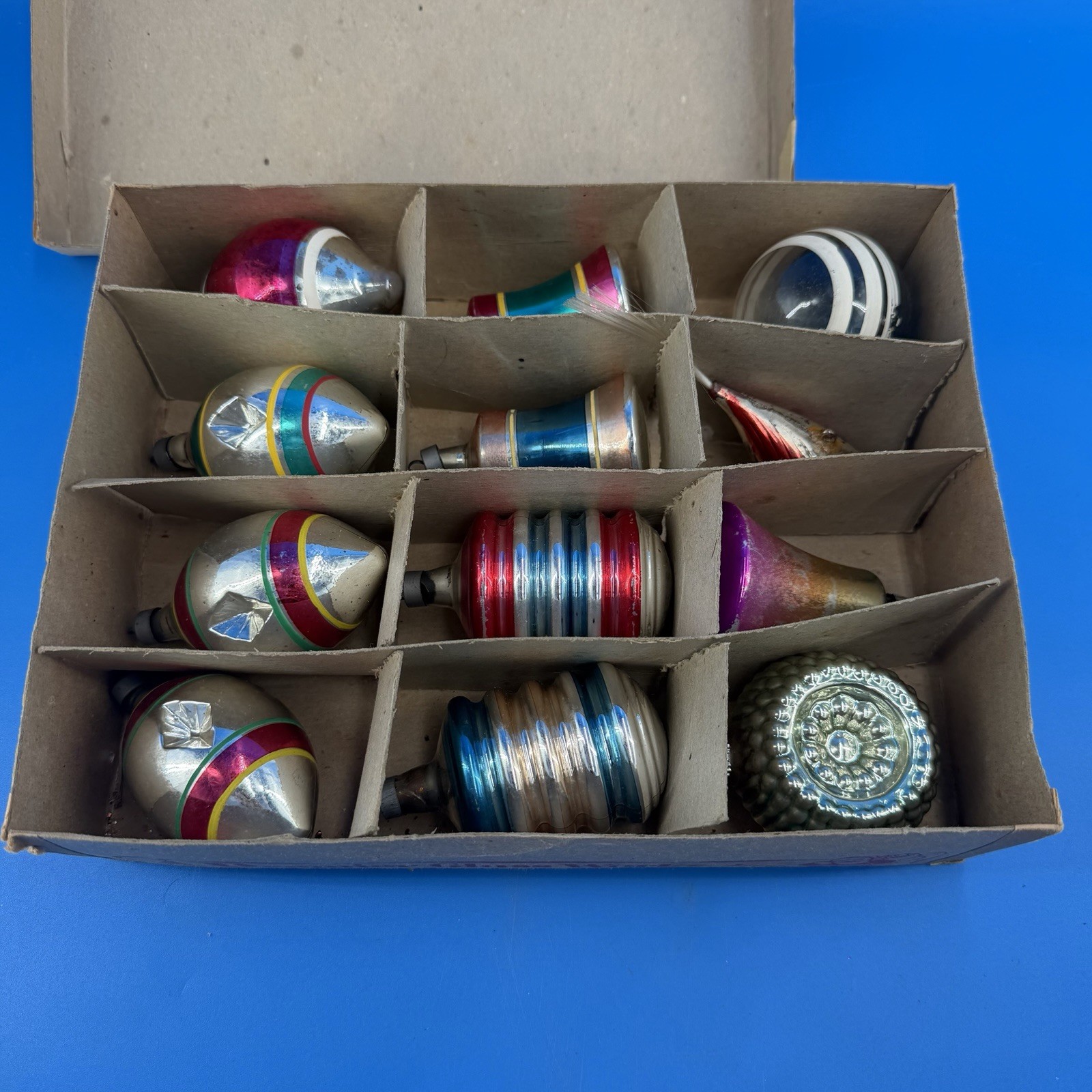 Vintage 50s Glass Christmas Ornaments Indent Striped Premier Box Shiny Brite USA