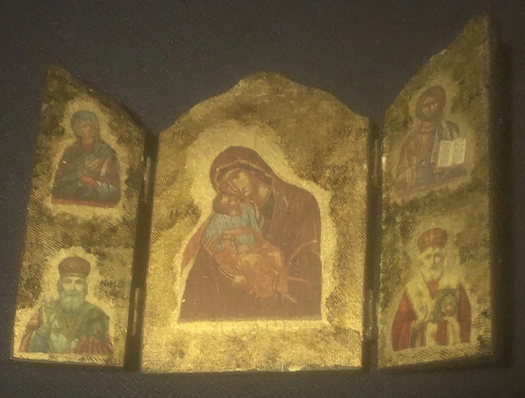 Vintage Decorative Golden Wooden Trifold Hinged Triptych Religious Art Plaque