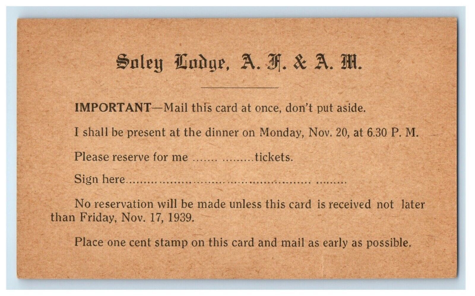 Soley Lodge A.F.A.M. Reservation Tickets Advertising West Medford MA Postcard
