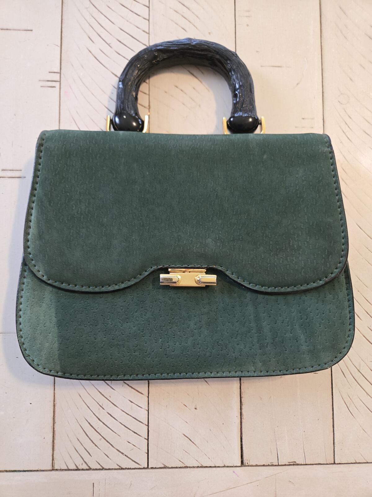 Vintage Mark Cross Green Leather Handbag Made in Italy Lucite Handle Top Handle