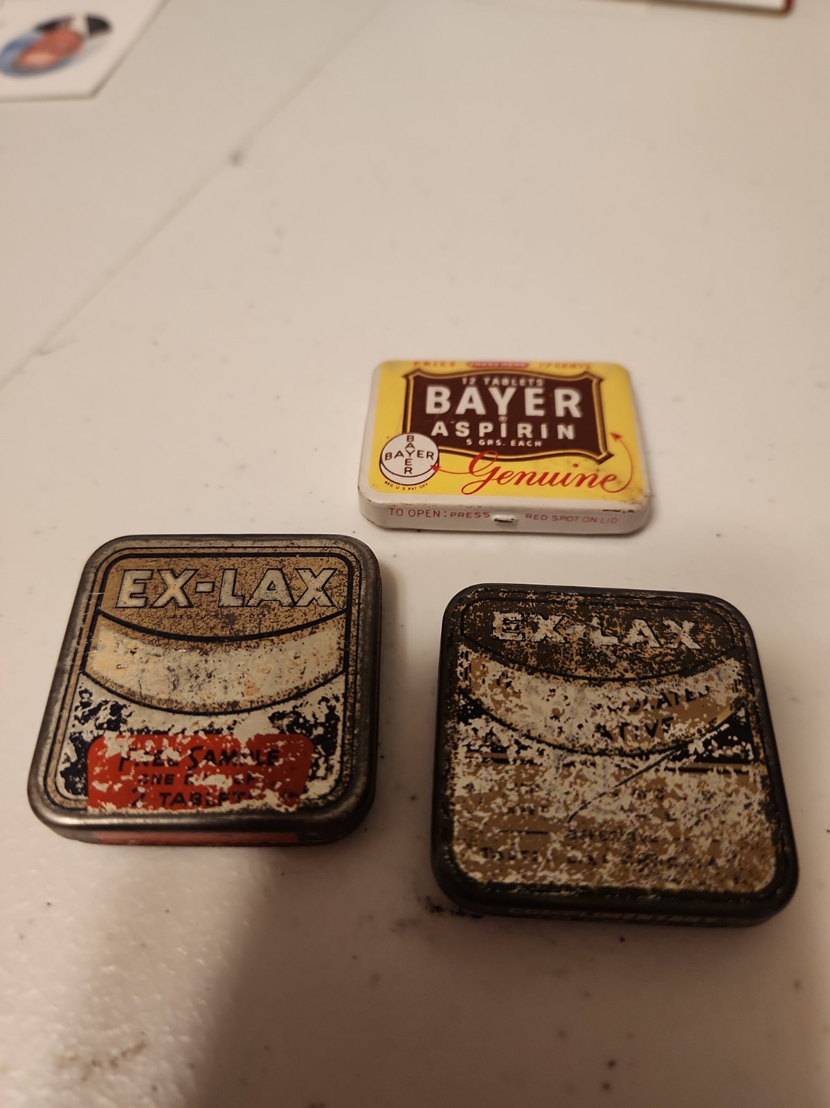 3 Vintage Tiny Tin Containers Ex-Lax X 2 And Bayer Aspirin