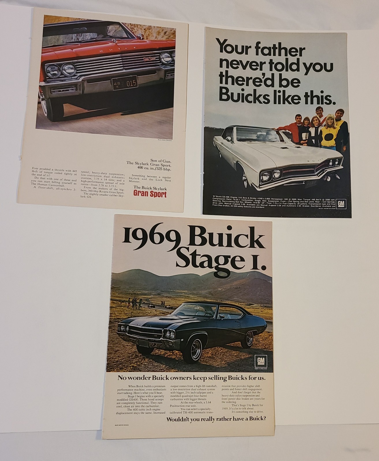 3 Pc vintage magazine advertisement Buick 1967 GS, 1969 Stage 1, 1965 Skylark