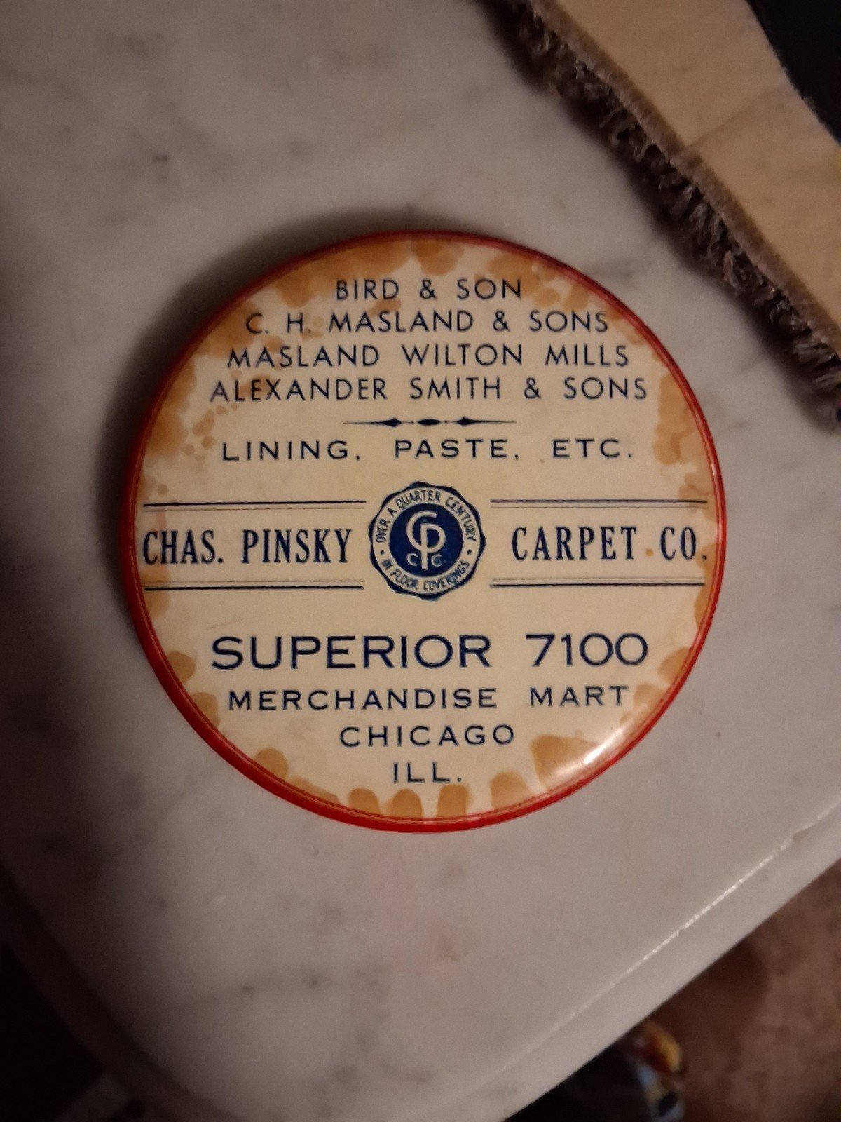 Antique Celluloid Advertising Pocket Mirror Pinsky Carpets, Chicago ILL