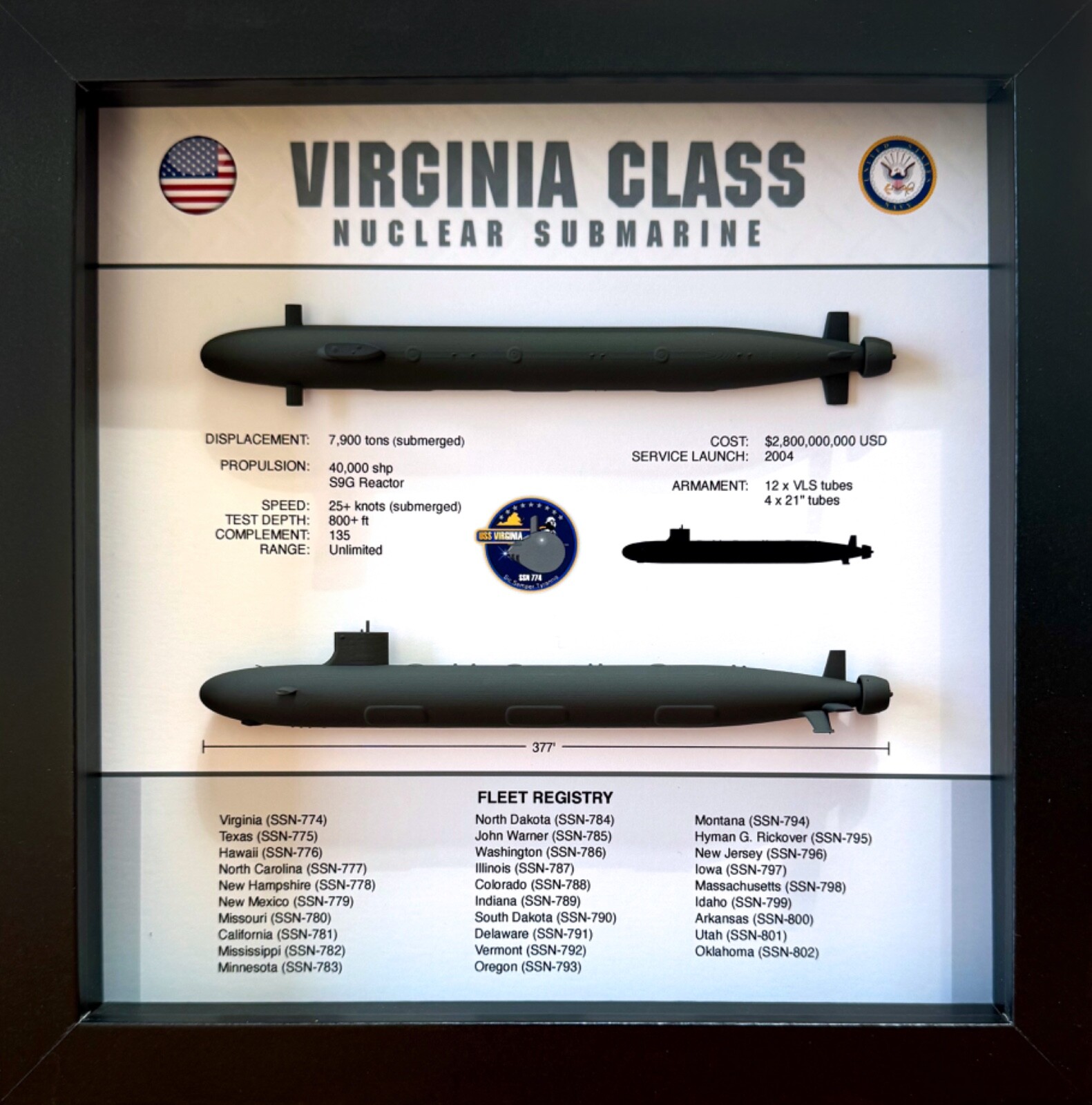 Virginia Class Submarine Shadow Display Box, SSN-774, 9