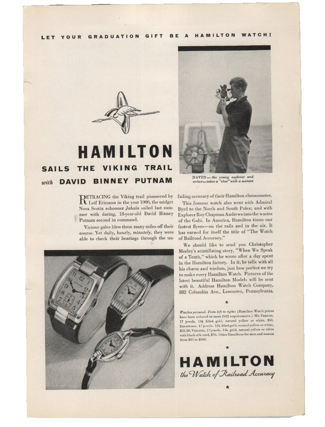 Vintage Hamilton Watch Print Ad 1932 David Binney Putnam Sails The Viking Trail
