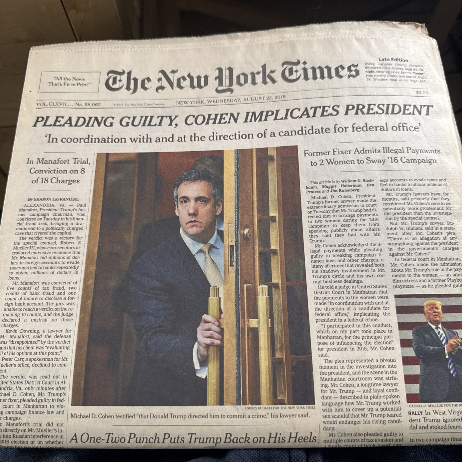 2018 AUGUST 22 NEW YORK TIMES - MICHAEL COHEN PLEADS GUILTY - IMPLICATES TRUMP