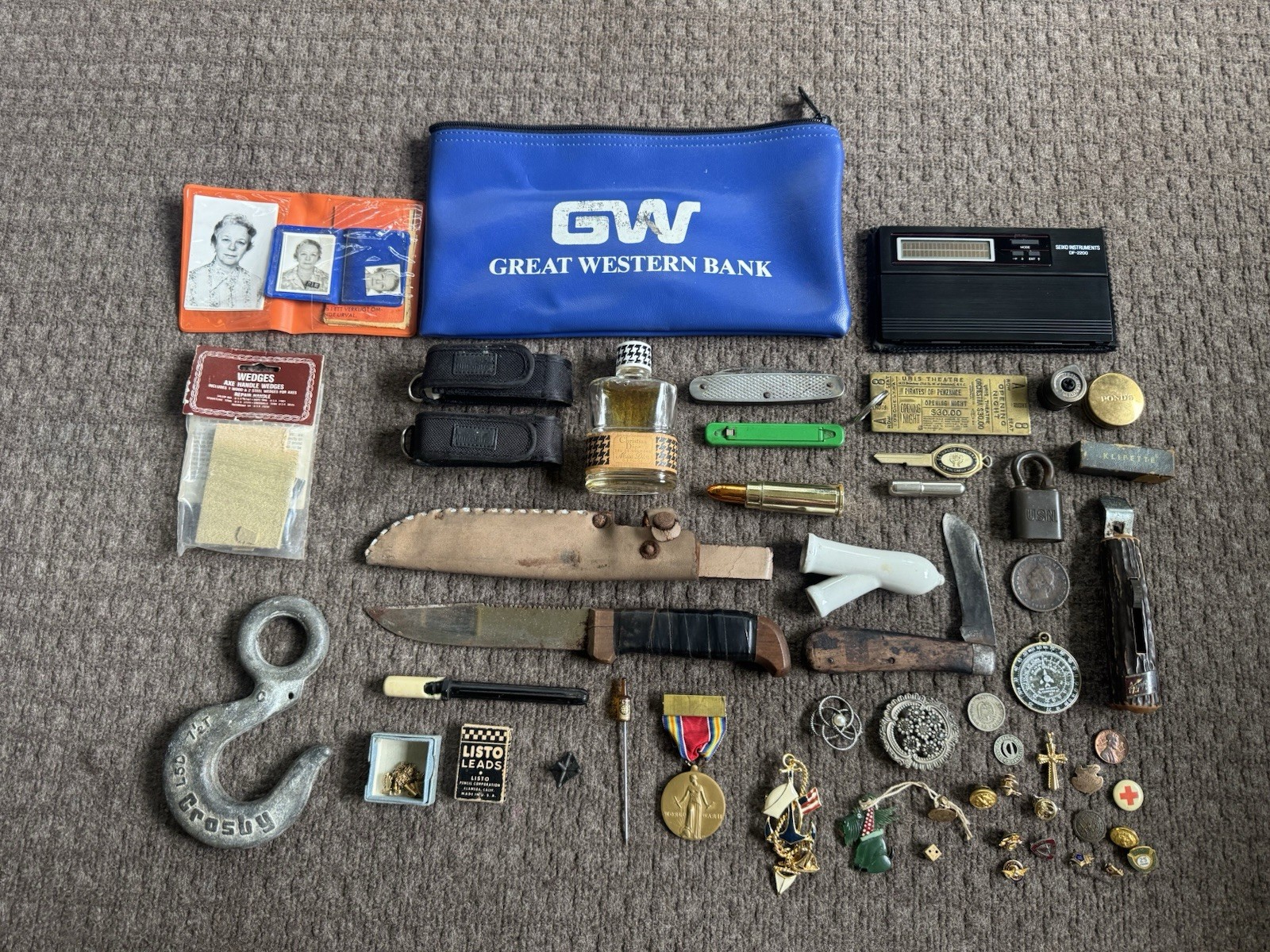 Estate Junk Drawer Lot Vintage Knife Pin Coin Lock