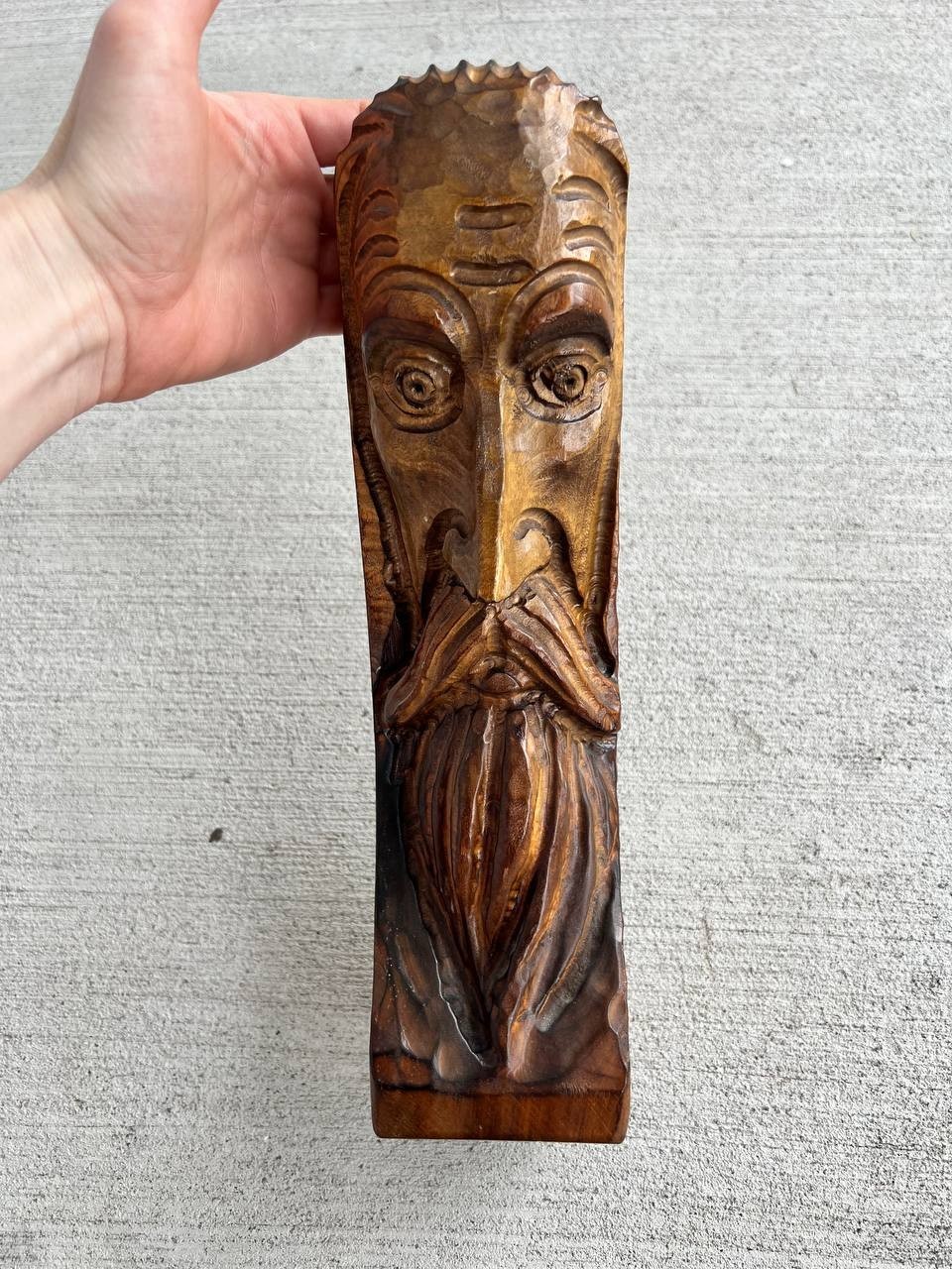 Vintage Hand Carved Wooden Bearded Man Sculpture Folk Art Figure 13.5”