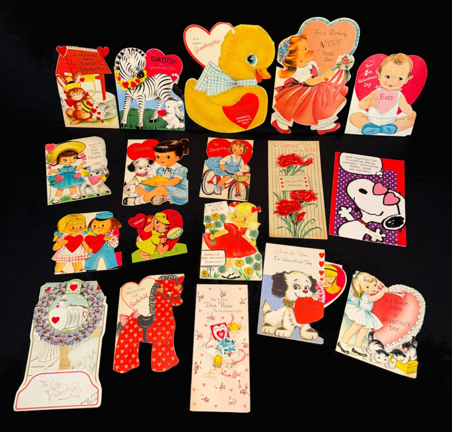 20 Vintage Valentine Cards Lot 1950s Mid Century Kids Animals Die Cut Glitter