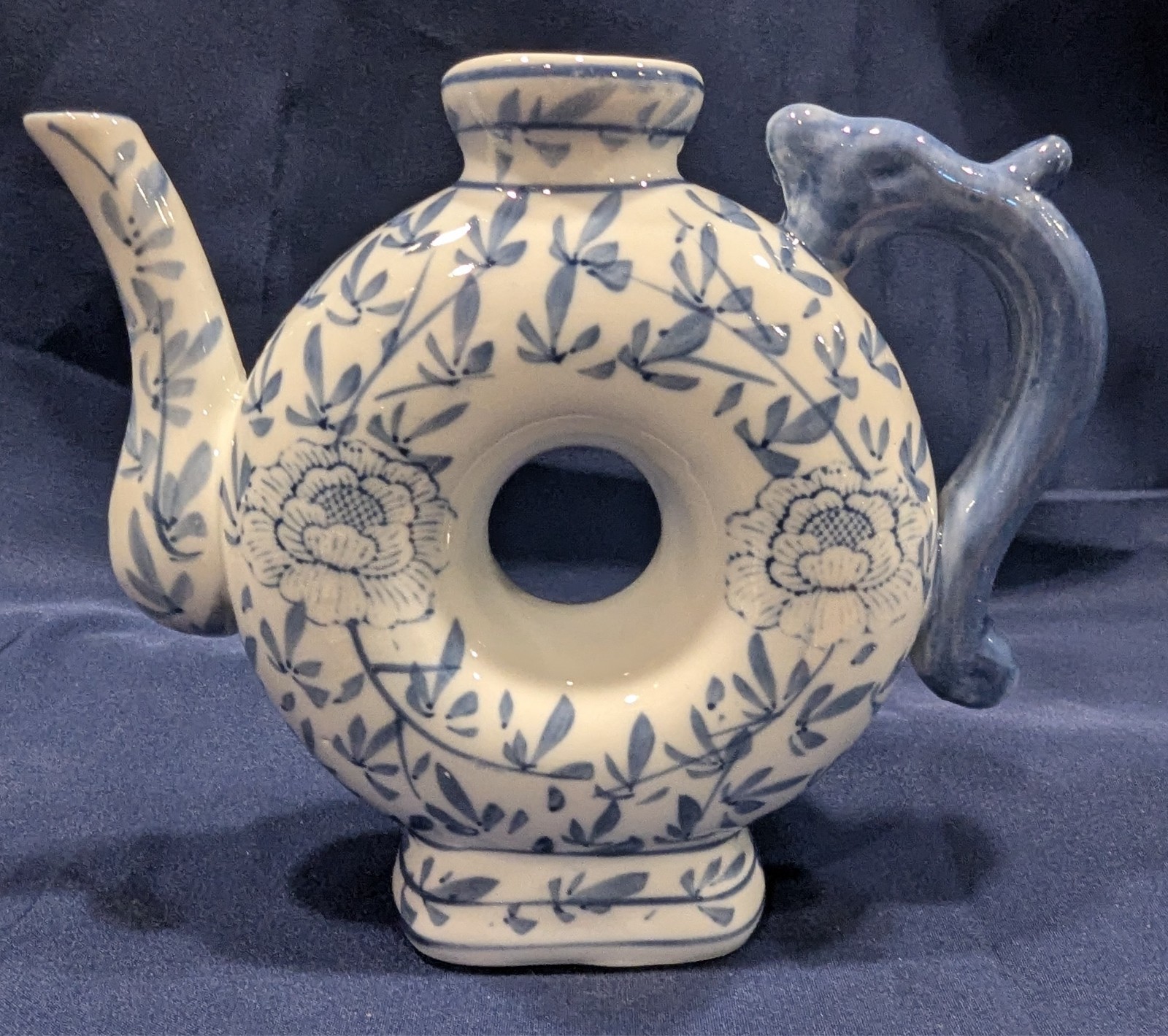 Vintage Chinese Blue White Porcelain Donut Teapot Dragon Handle Peony Flower 5\