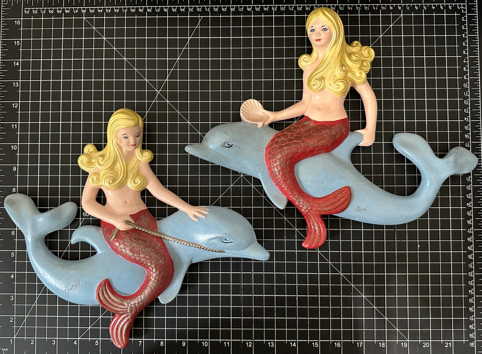 Pair of Vintage Atlantic Mold Mermaids Riding on Dolphins Wall Art MCM VGC