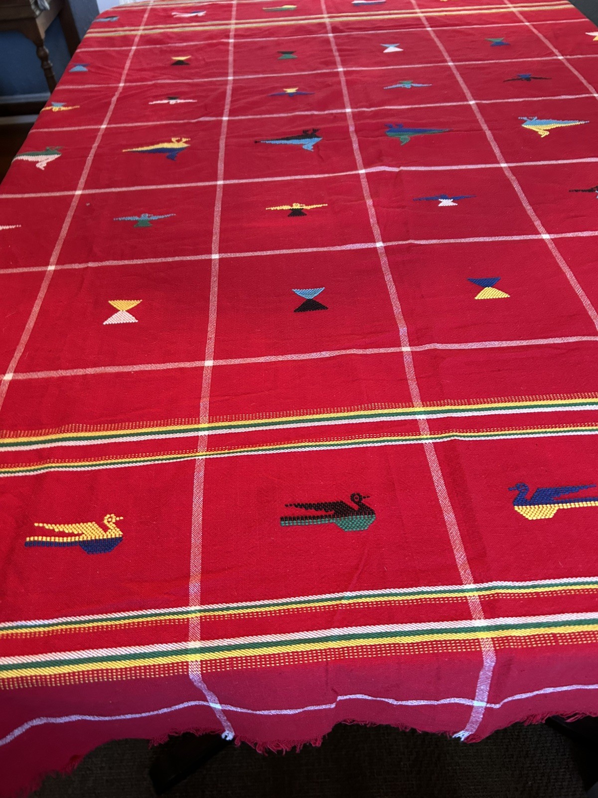 Vtg Red Woven Tablecloth Featuring Colorful Embroidered Bird Motifs. 