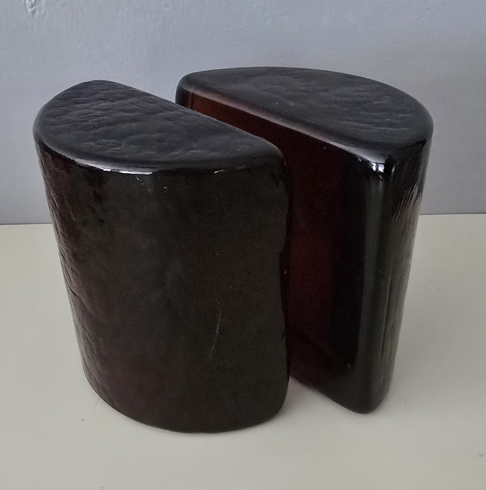 Vintage BLENKO ART GLASS HALF MOON BOOKENDS ~ Dark Amber Wayne Husted MCM