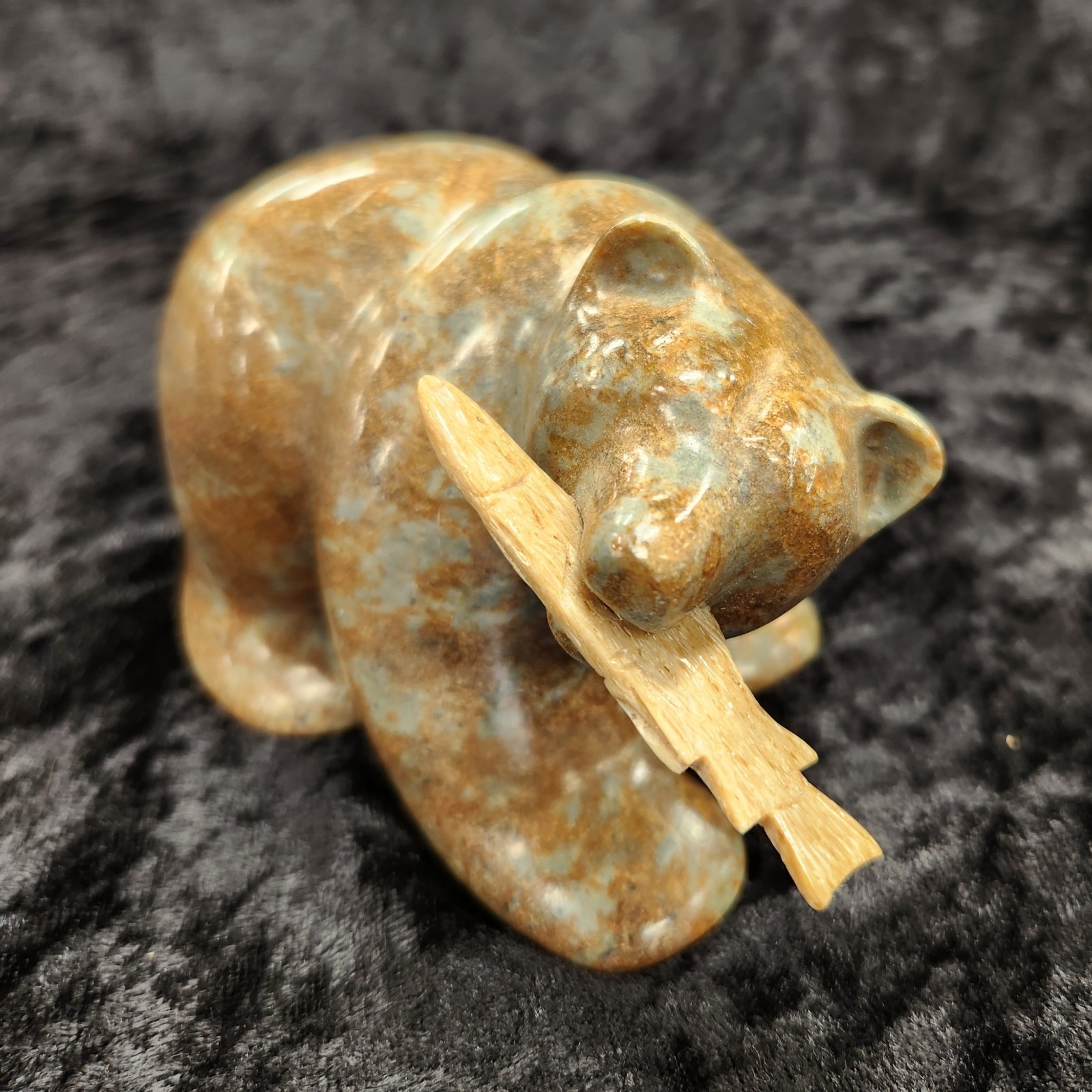 Eddie Lee Signed Soapstone Bear Sculpture Antler Fish Carving NW Art (26098)