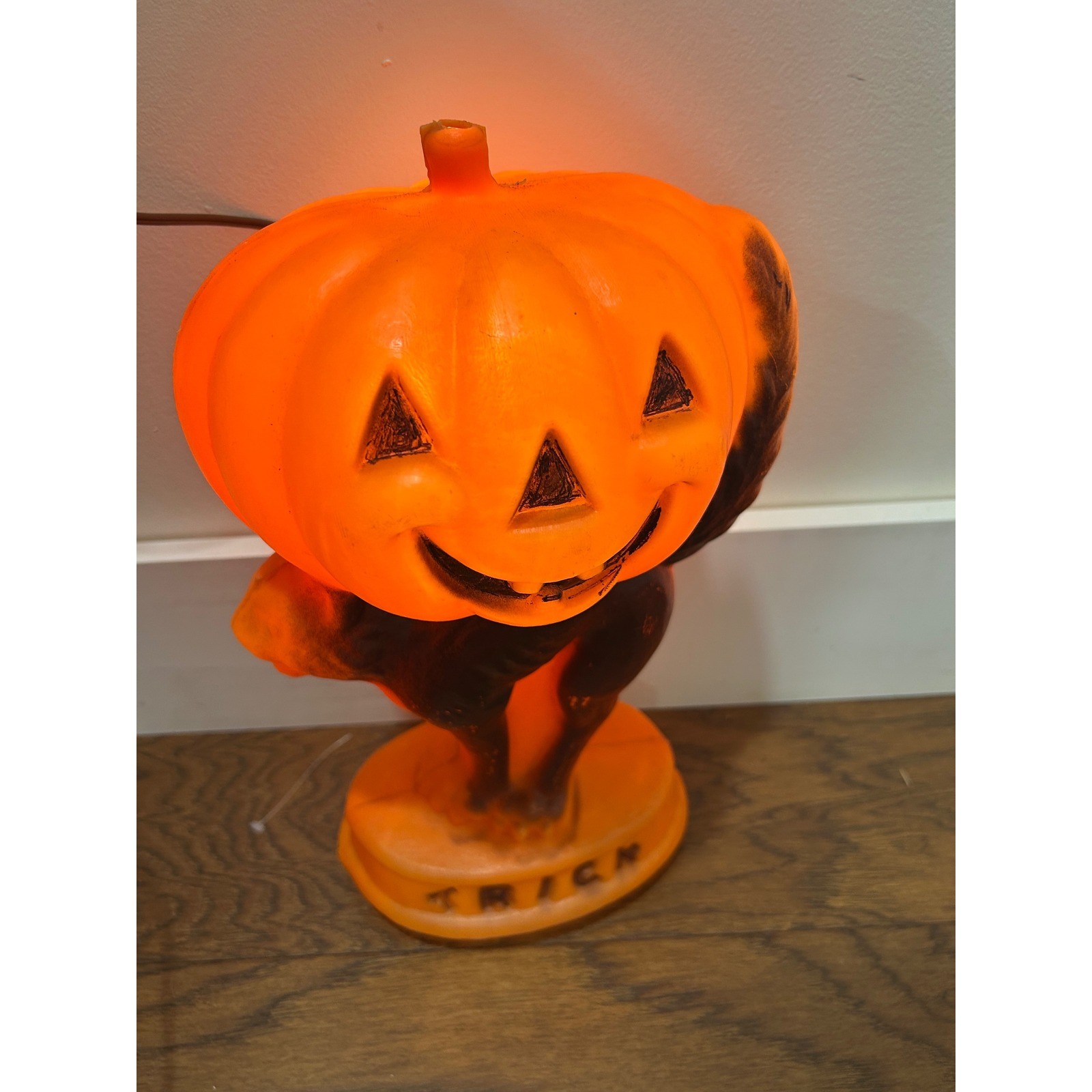 Vintage Halloween Blow Mold Light Pumpkin Jack O Lantern Black Cat Trick Treat