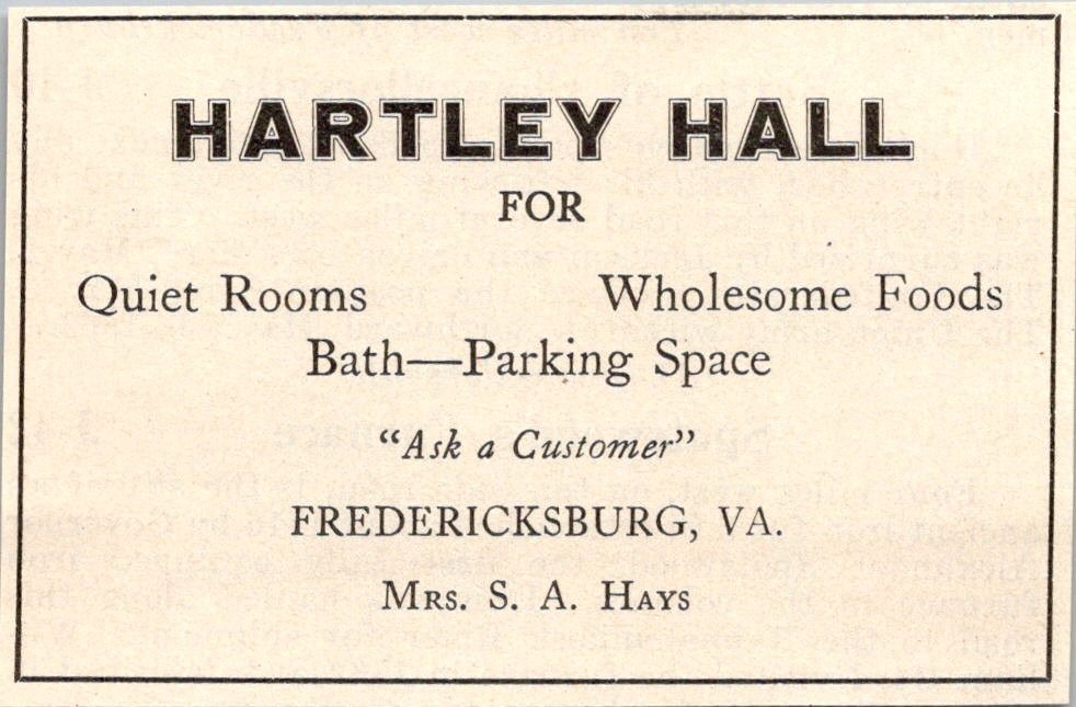 Hartley Hall Quiet Rooms Mrs SA Hays Fredericksburg VA 1931 VA Ad TAK2-S37