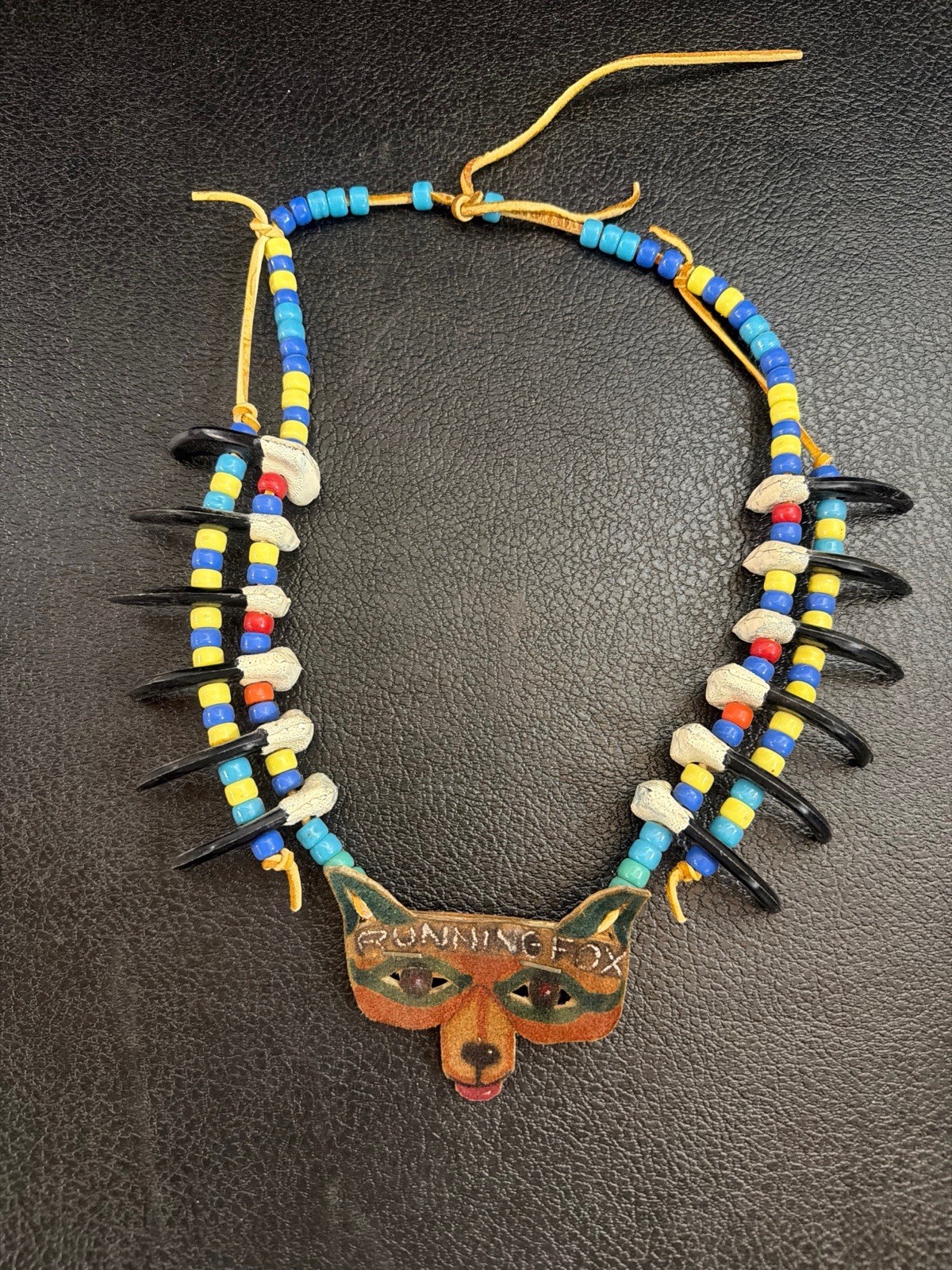 Vintage Native American Style Claw Necklace Leather Running Fox Beaded 14