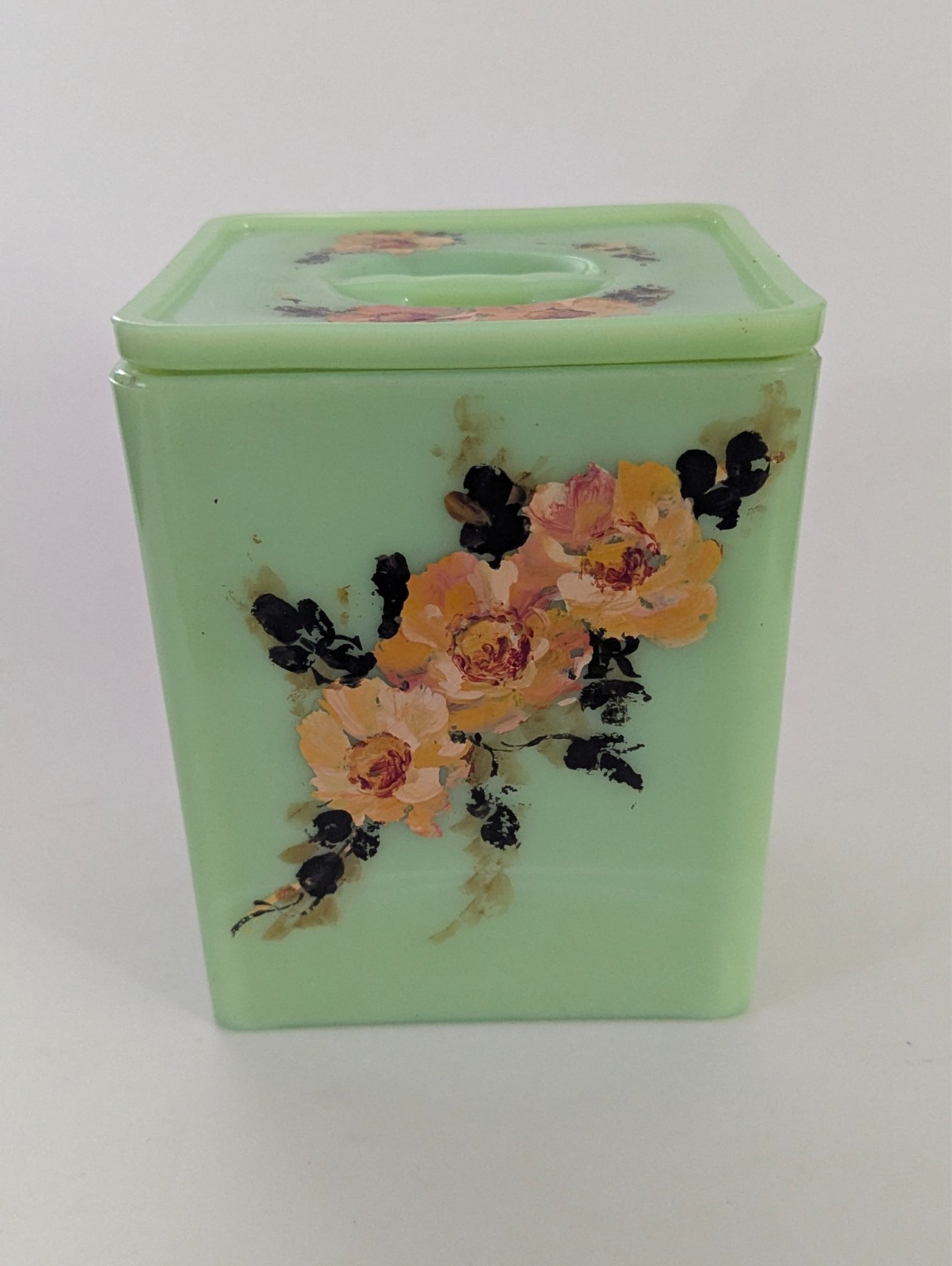 Jeannette Jadeite Square Hand painted Floral Glass Canister  1930's