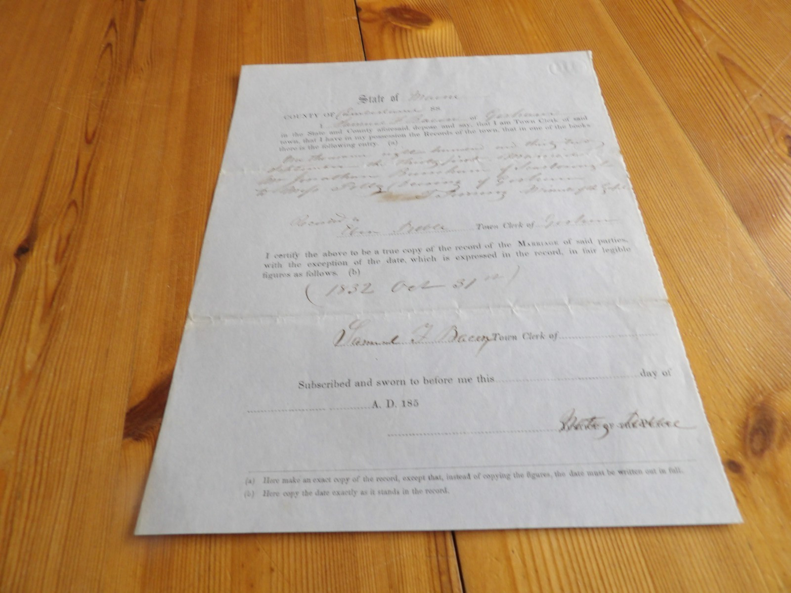 c.1850's Gorham ME Town Clerk Certificate of Marriage, Jonathan Burnham, Deering
