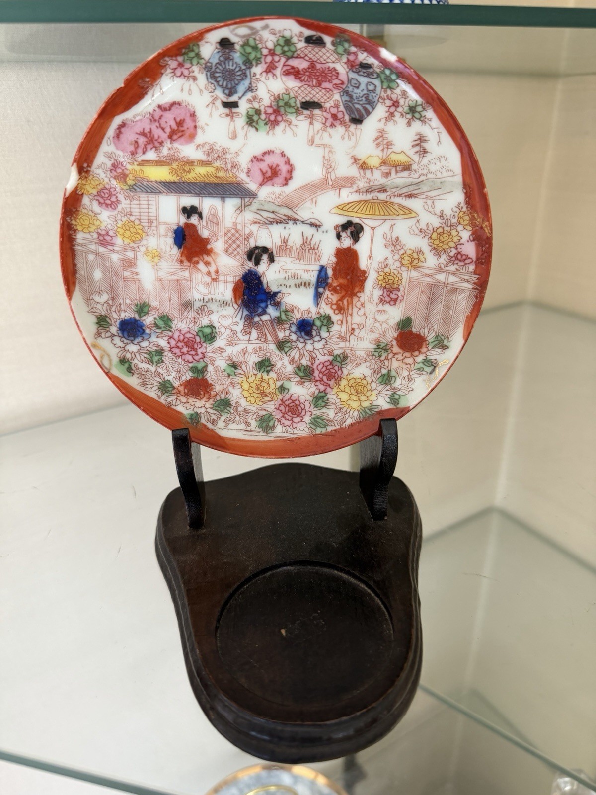 Vintage Japanese Porcelain Geisha Plate Hand Painted Figures Floral Red Rim
