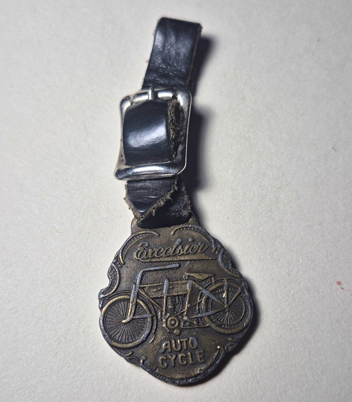 Vintage Excelsior Auto Cycle Club Motorcycle Leather Fob Medallion Keychain