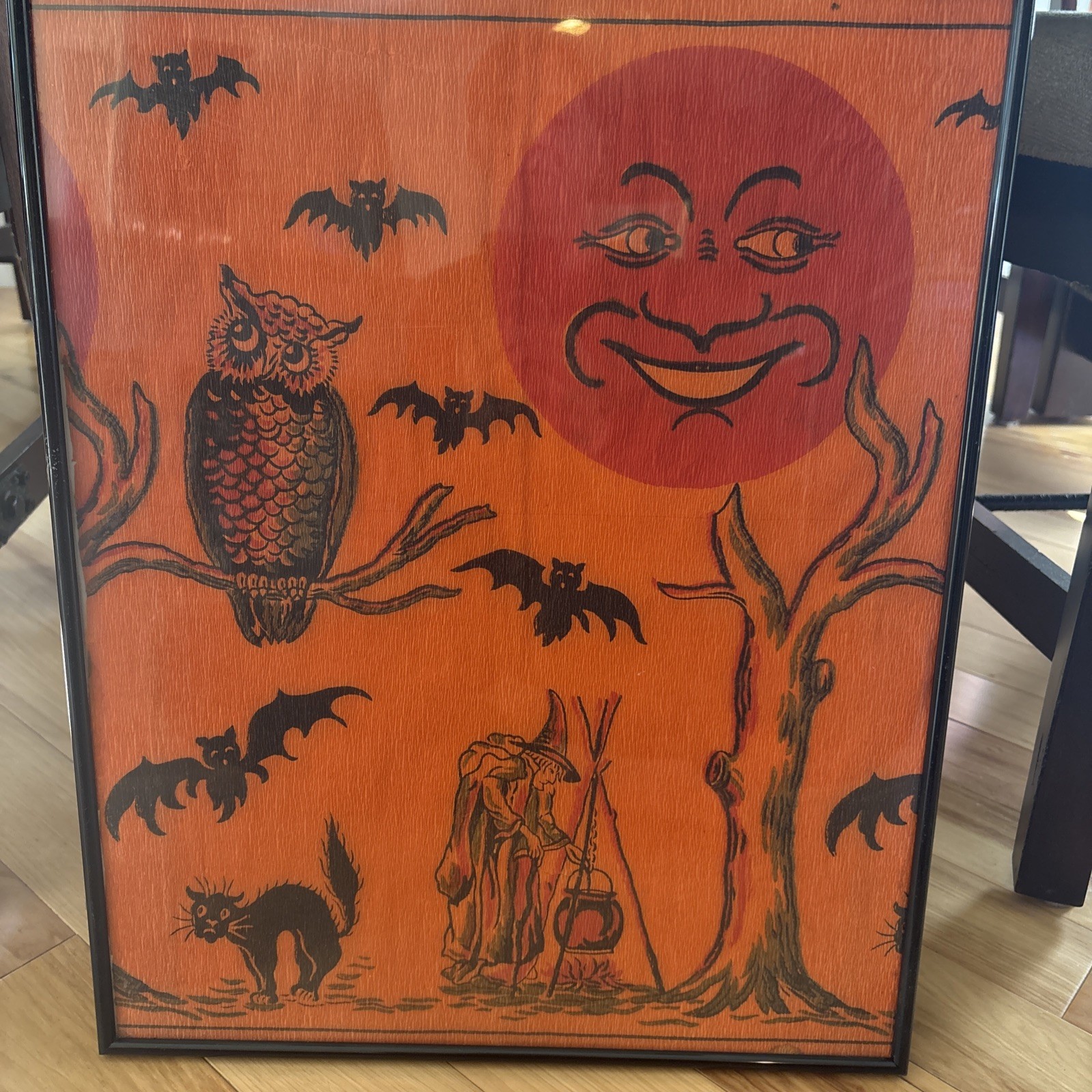 Vintage 40s Antique Halloween Witch Owl Moon Crepe Paper Framed 16x20” Denison?