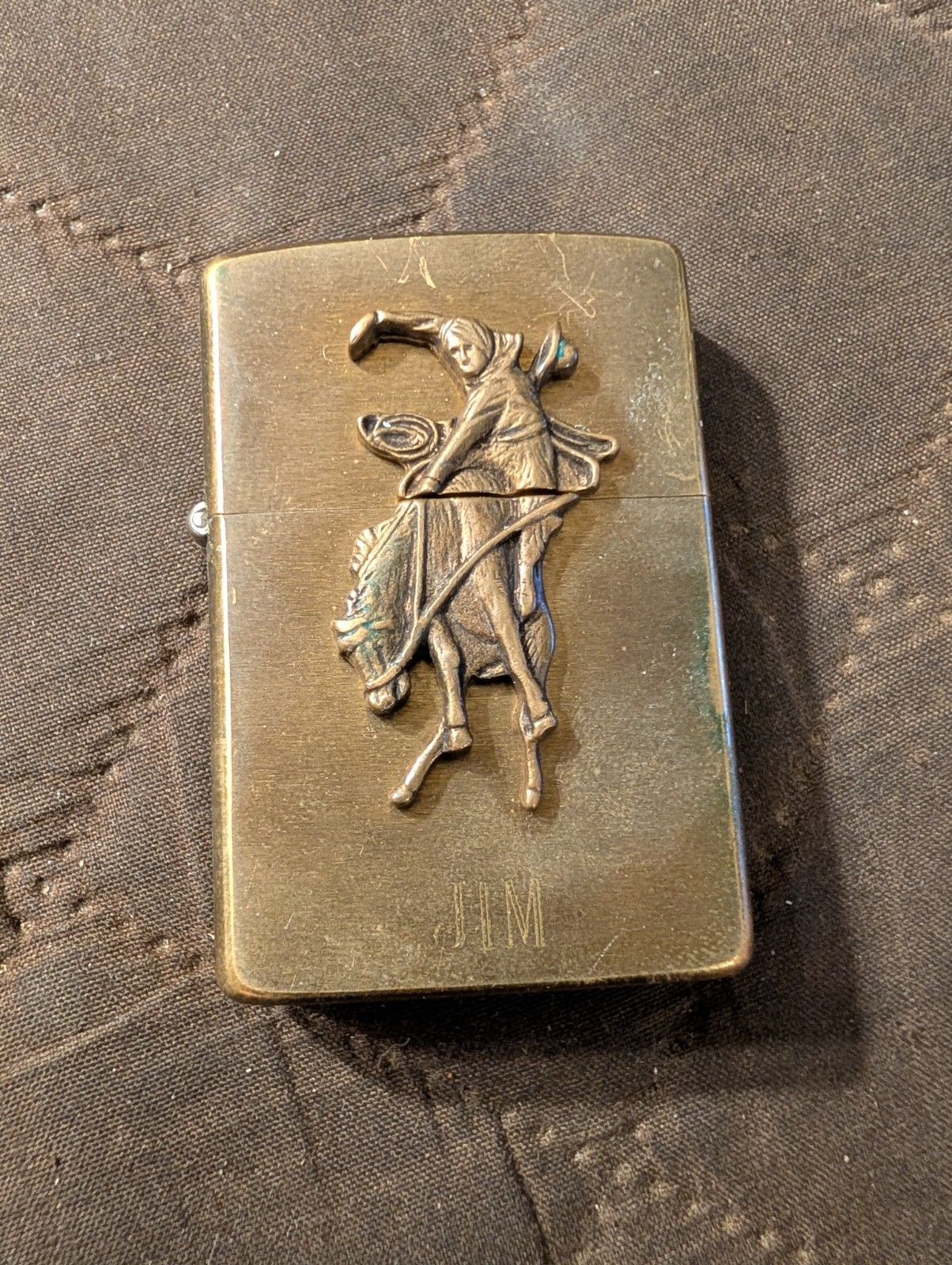 Vintage Solid Brass Zippo Lighter Wild West Cowboy Bucking Bronco (C)