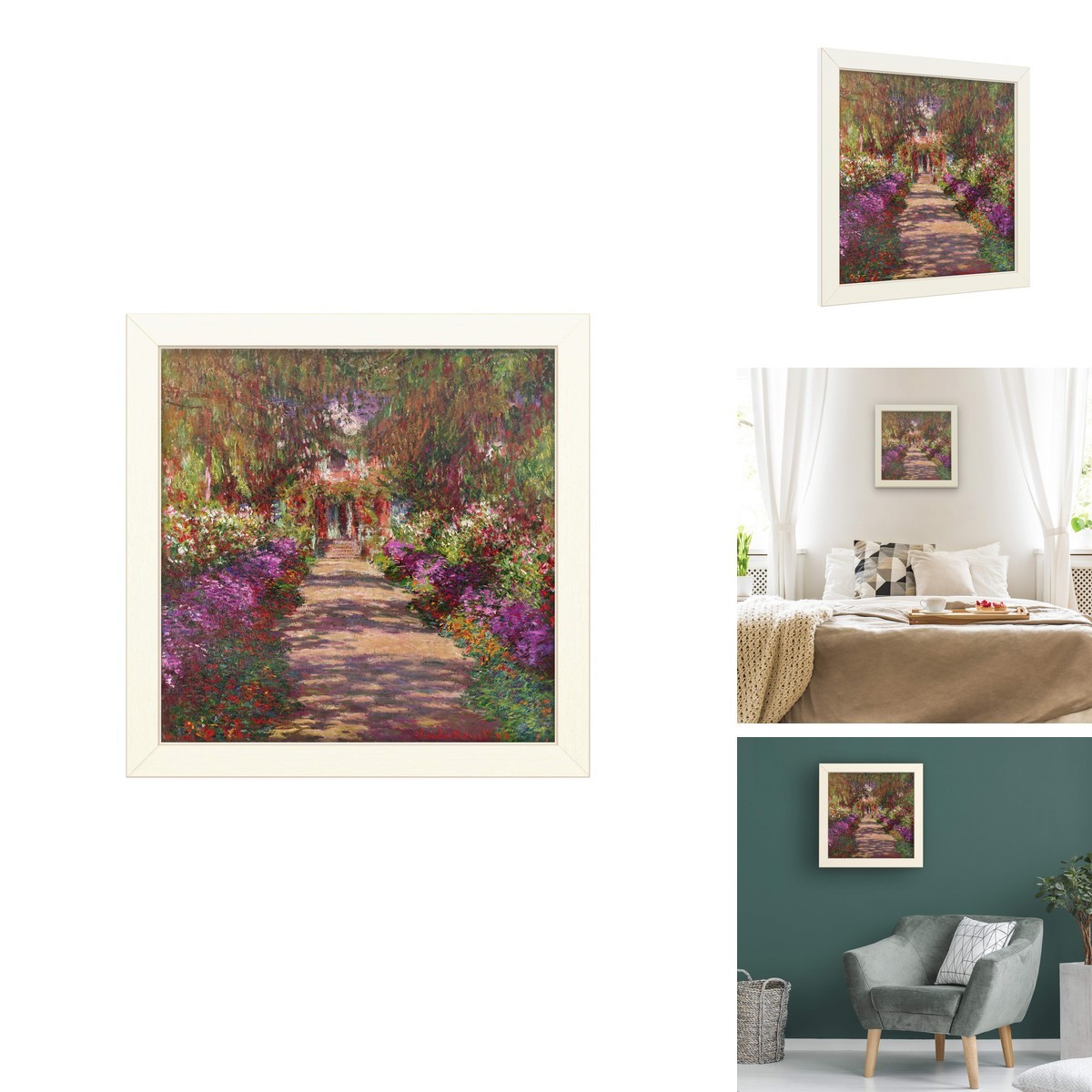 Trademark Fine Art A Pathway Garden Claude Monet 16x16 Distressed White Frame