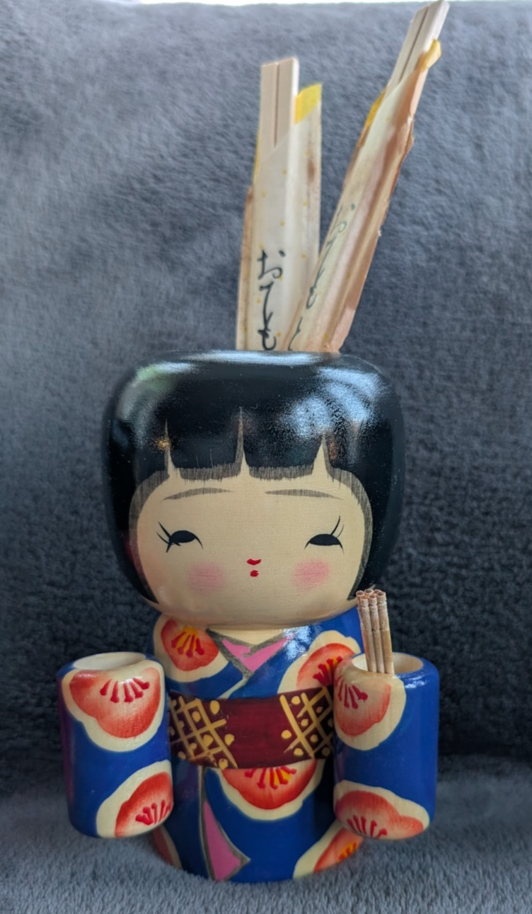 Vtg Japanese Kokeshi Doll by Torao Hosaka Wood Toothpick Chopstick Holder 70s