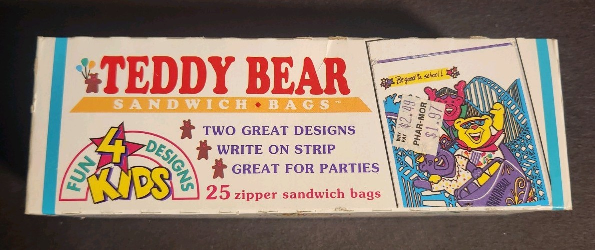 Vtg 1992 Teddy Bear Zipper Sandwich Bags NOS Sealed Box Fun Designs Inc Phar-Mor