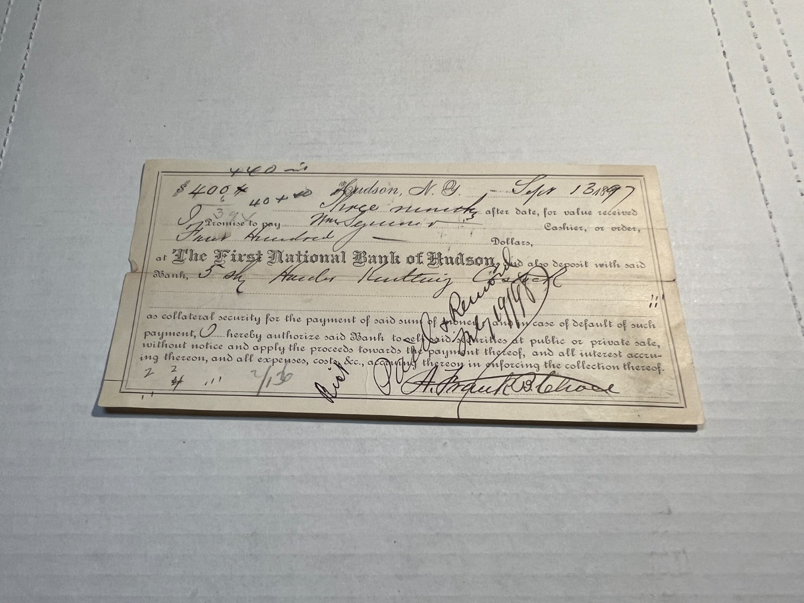 1897-98 First National Bank of Hudson NY Promissory Note