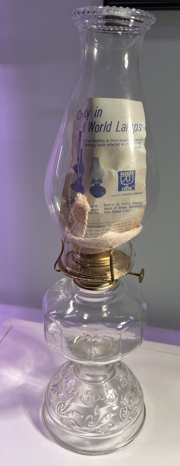 Vtg Kerosene Oil Lamp 18.5” Clear Glass- Brand New Never Burned- Riekes Crista