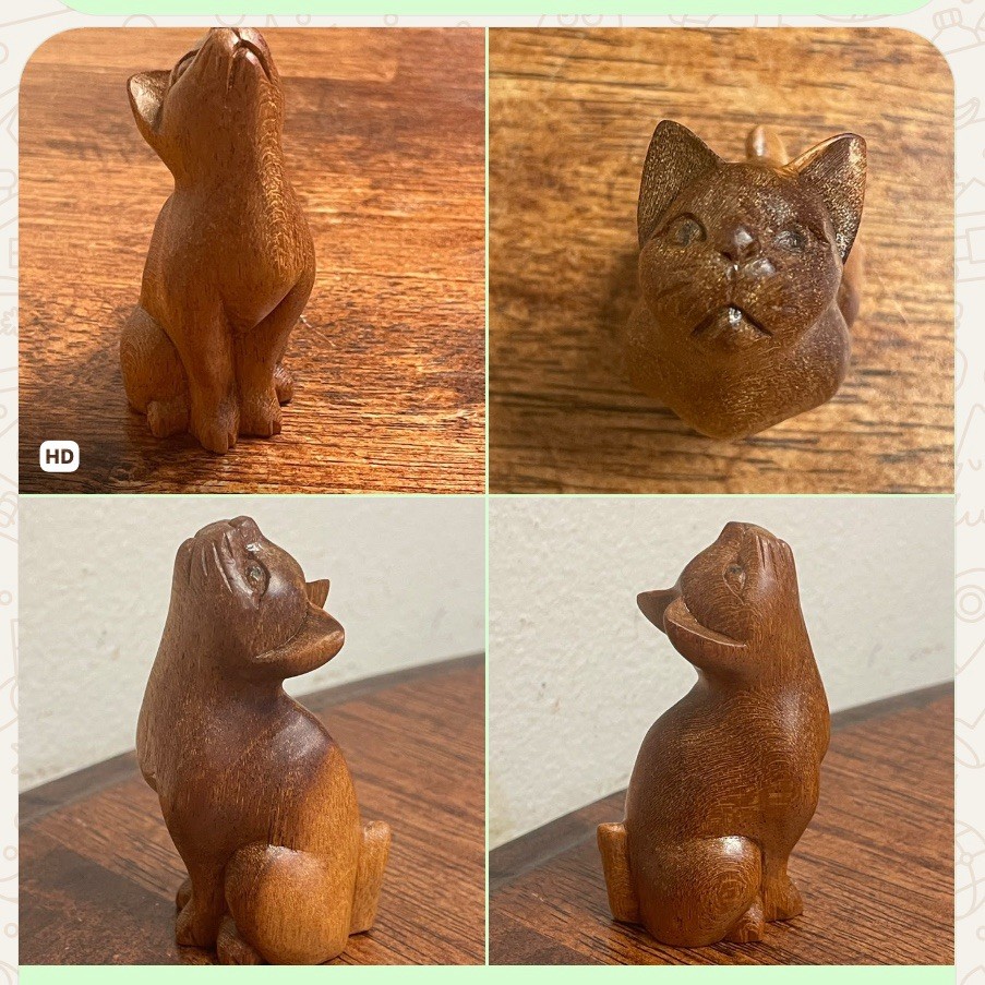 VTG Hand Carved Solid Wood Cat Figurine Playful Folk Art Statue Looking Up RARE