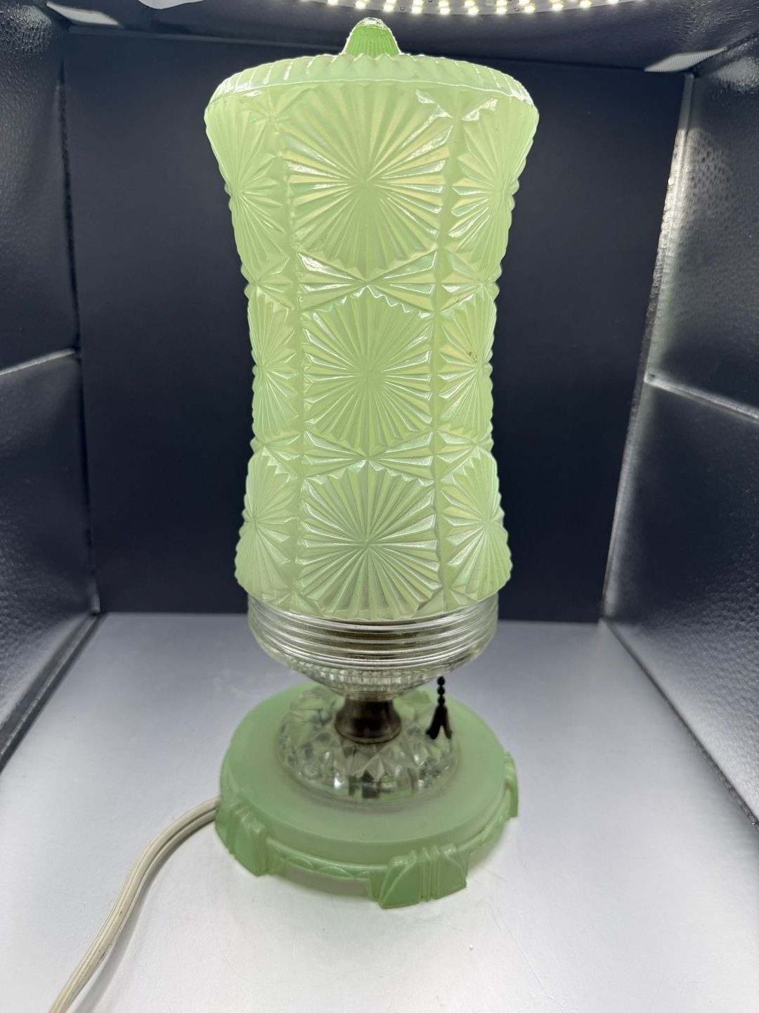 Vintage Art Deco Green Glass Boudoir Lamp