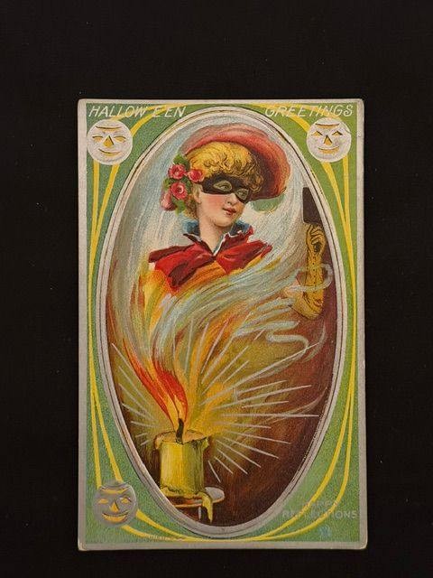Raphael Tuck Halloween Greetings Masked Woman Jack-o\'-Lantern Postcard