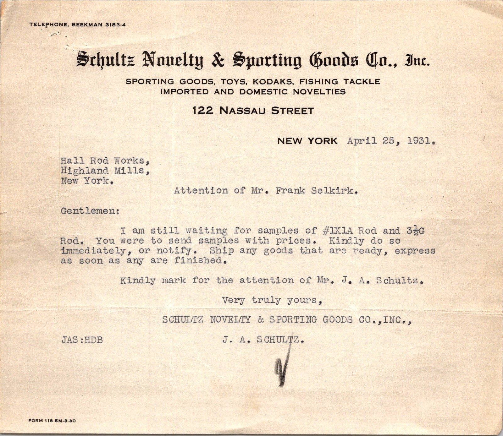 Schultz Novelty & Sporting Goods Co Inc 1931 NY Antique Letterhead Billhead TC25