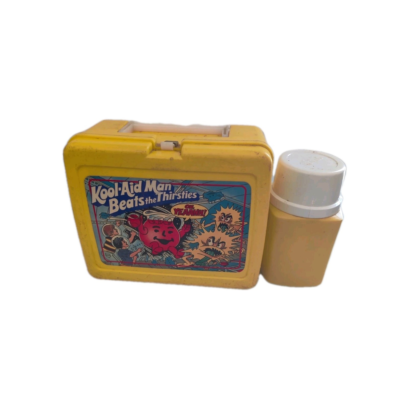 Vintage Kool-Aid Man Beats the Thirsties yellow plastic lunch box w/ Thermos