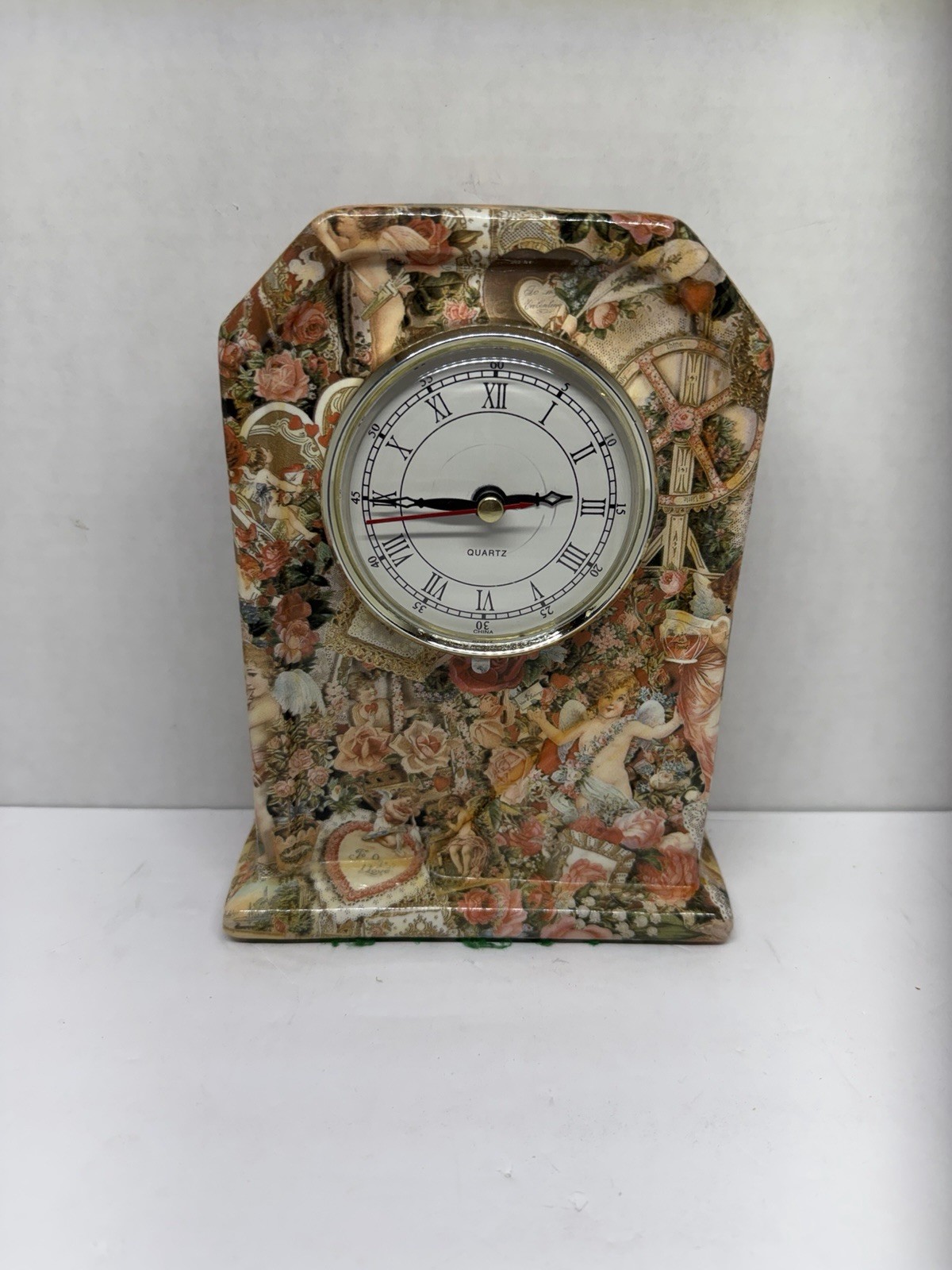 Vintage Victorian Rose Cherub Collage Quartz Mantel Desk Clock Romantic Decor