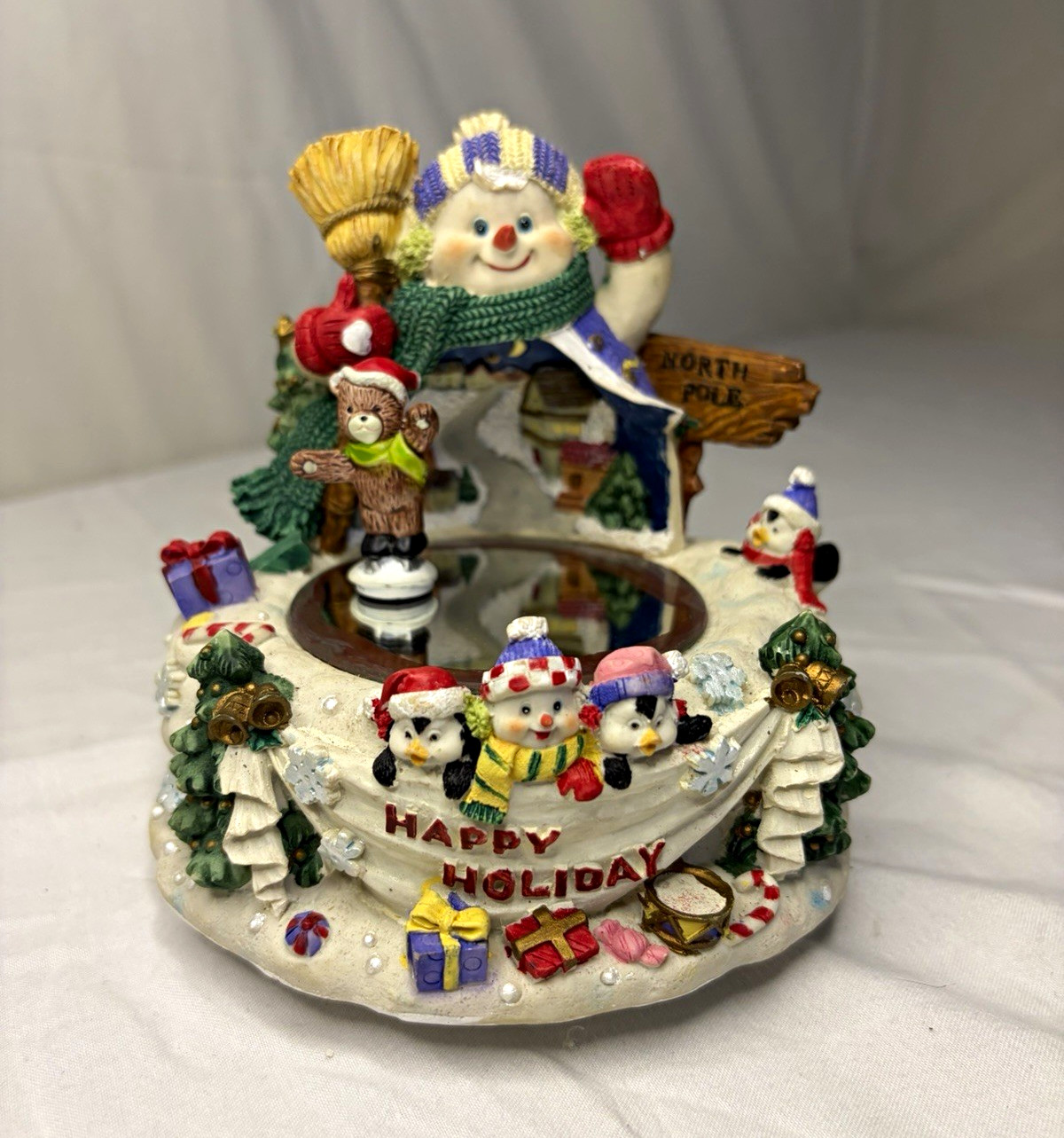WORKING Vintage Musical snow man happy holidays Ice skating bear MIRROR ICE 1990